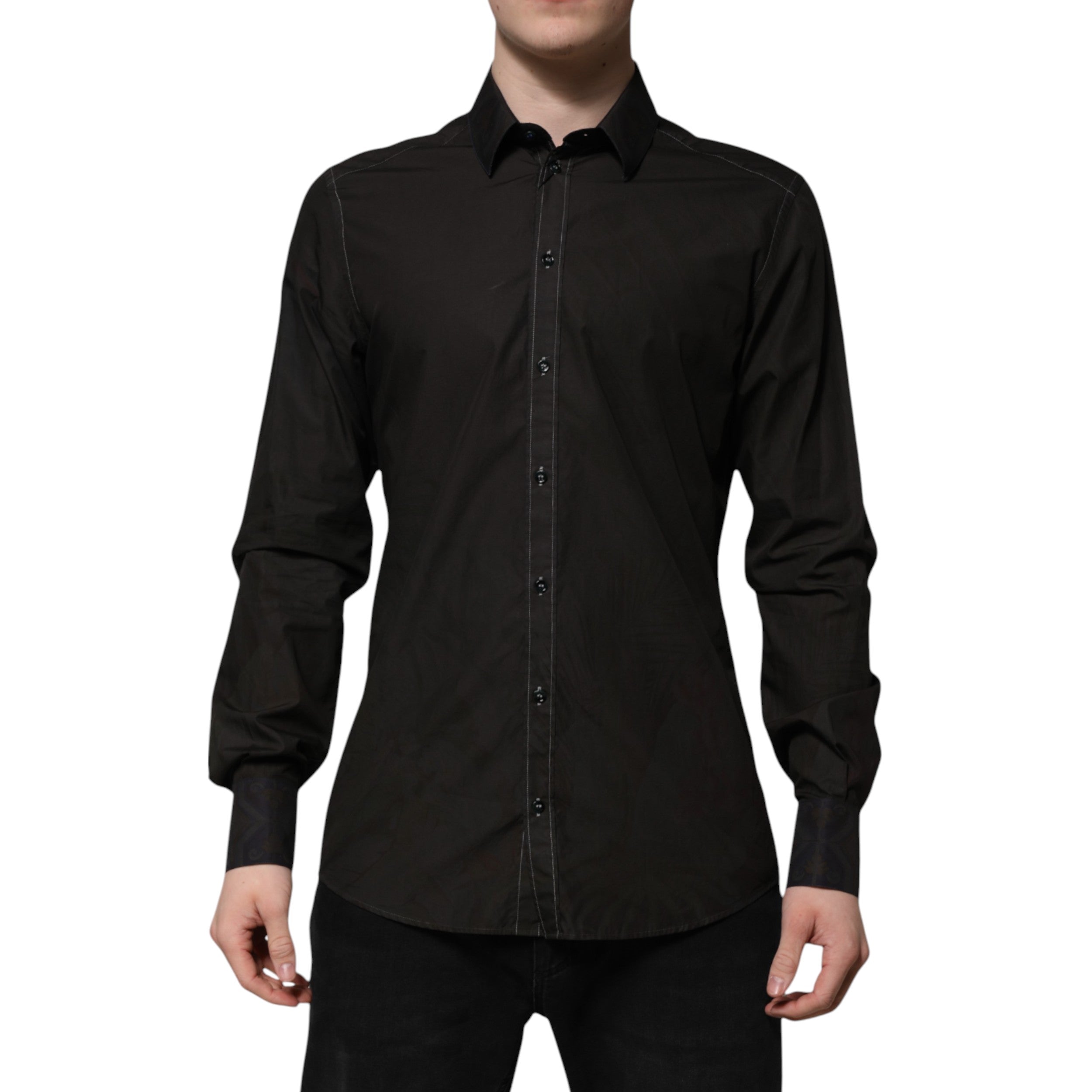 Dolce & Gabbana Black Cotton Jacquard GOLD Collar Dress Shirt Dolce & Gabbana