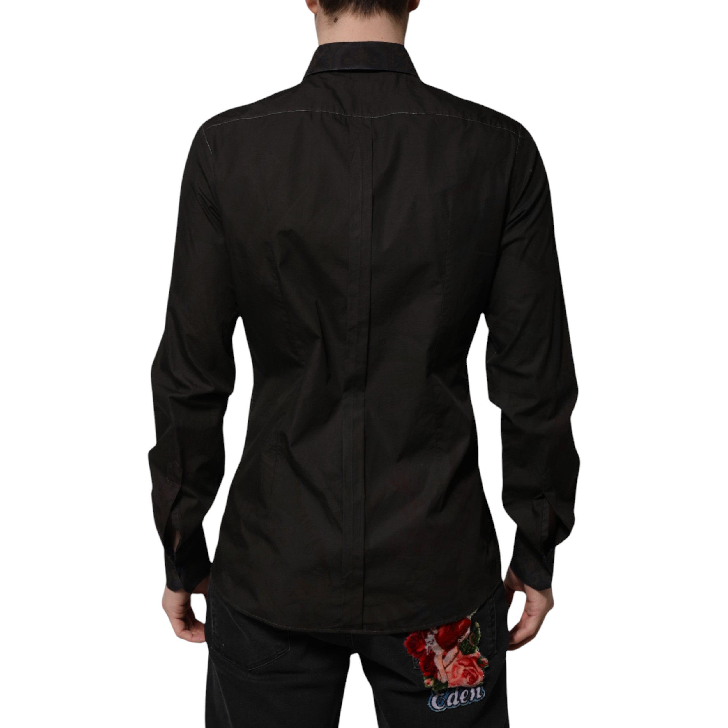 Dolce & Gabbana Black Cotton Jacquard GOLD Collar Dress Shirt Dolce & Gabbana