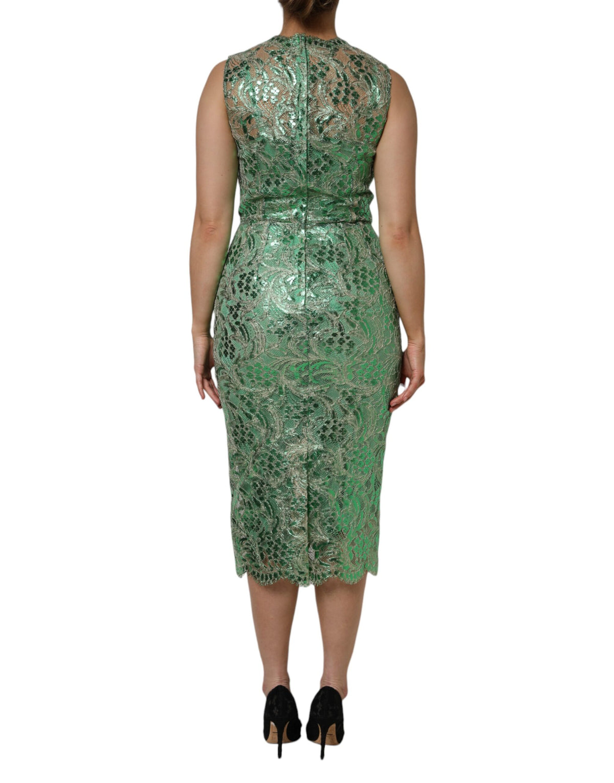Dolce & Gabbana Green Cotton Floral Lace Sheath Midi Dress