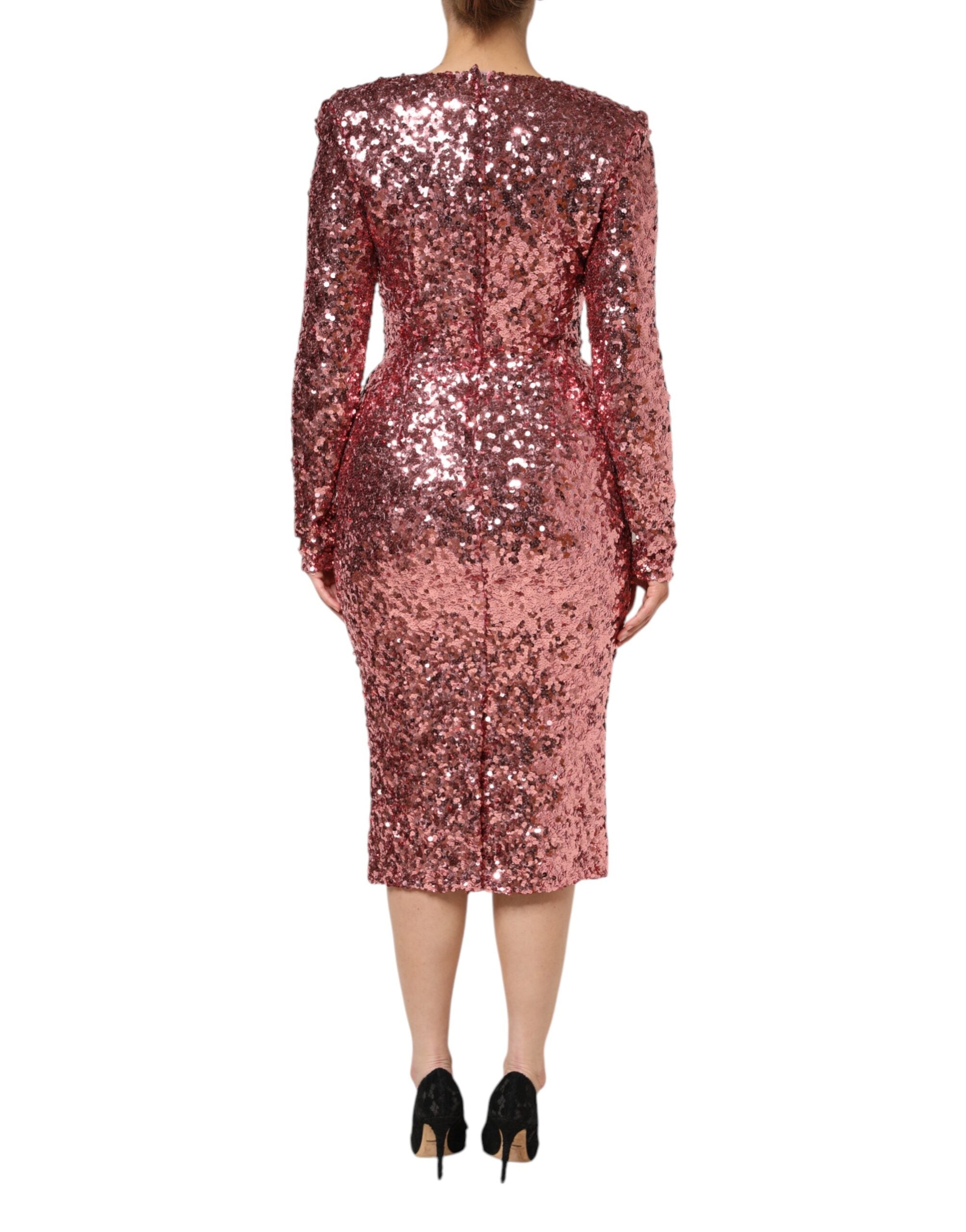 Dolce & Gabbana Pink Sequin Statement Nylon Midi V-Neck Dress Dolce & Gabbana
