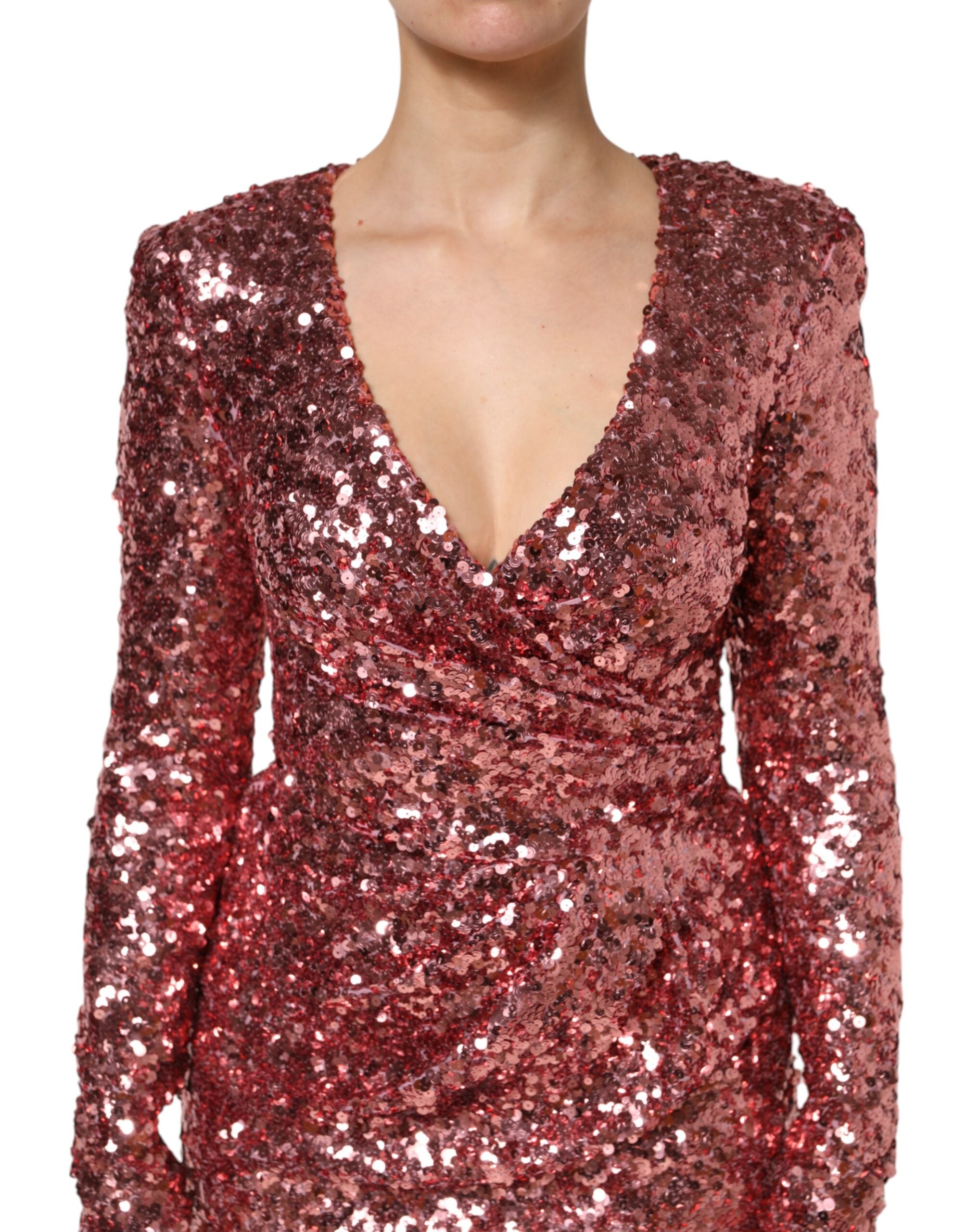 Dolce & Gabbana Pink Sequin Statement Nylon Midi V-Neck Dress Dolce & Gabbana