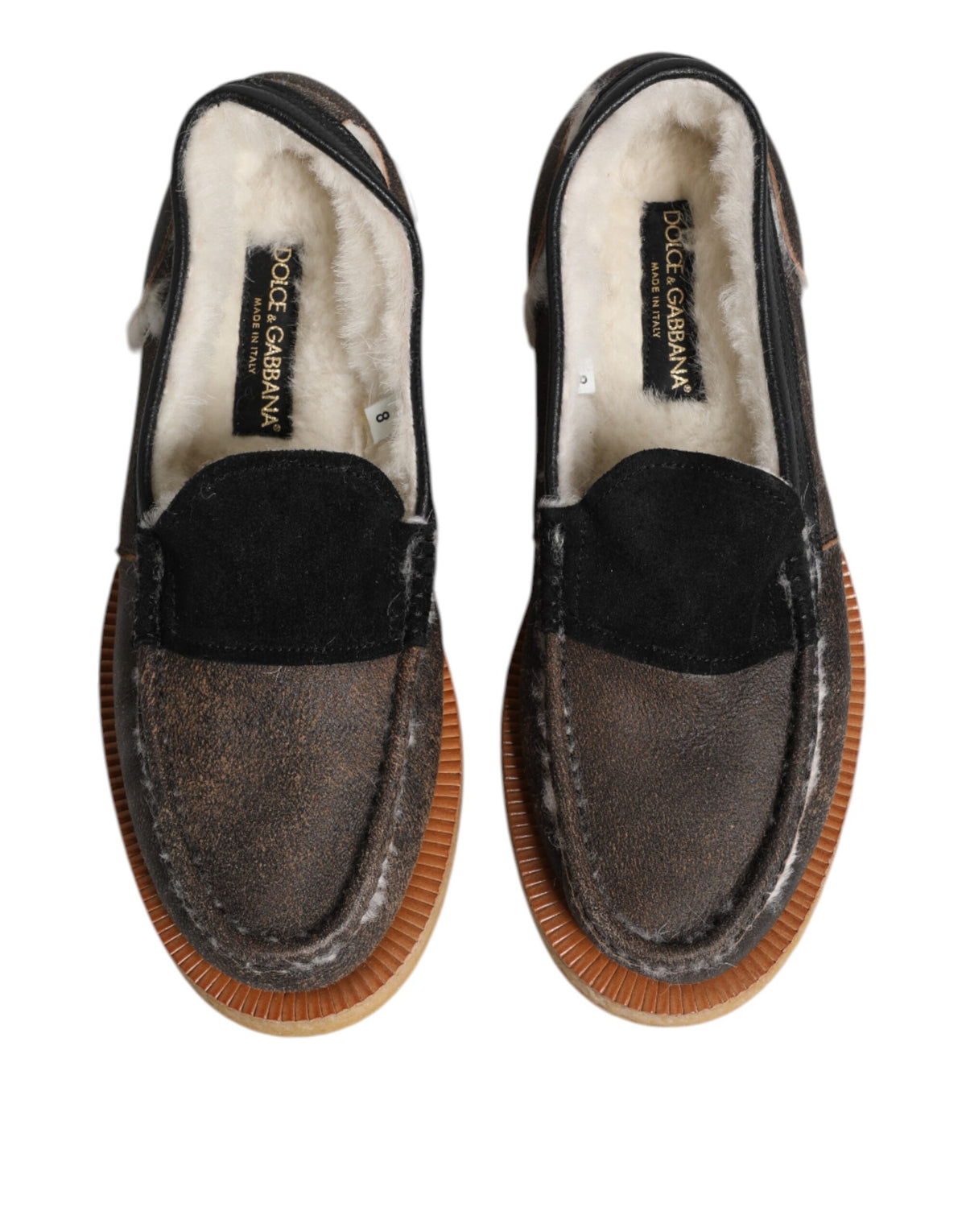 Dolce & Gabbana Brown White Calfskin Leather Loafers Shoes