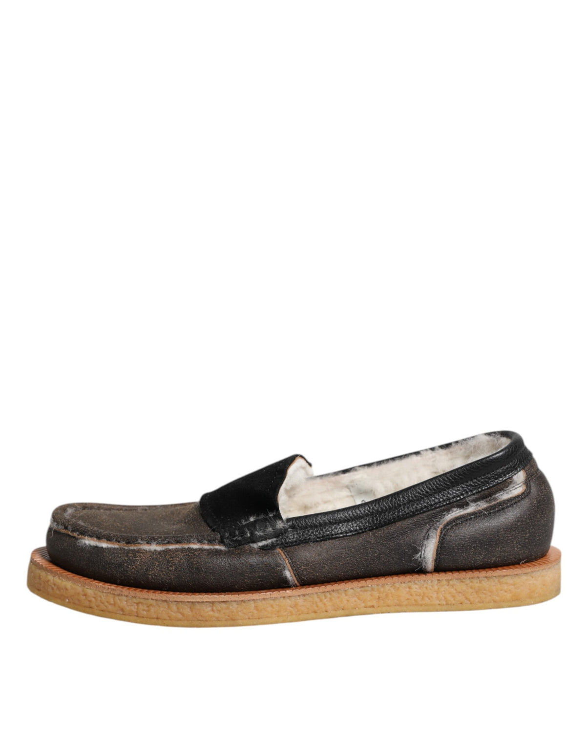 Dolce & Gabbana Brown White Calfskin Leather Loafers Shoes