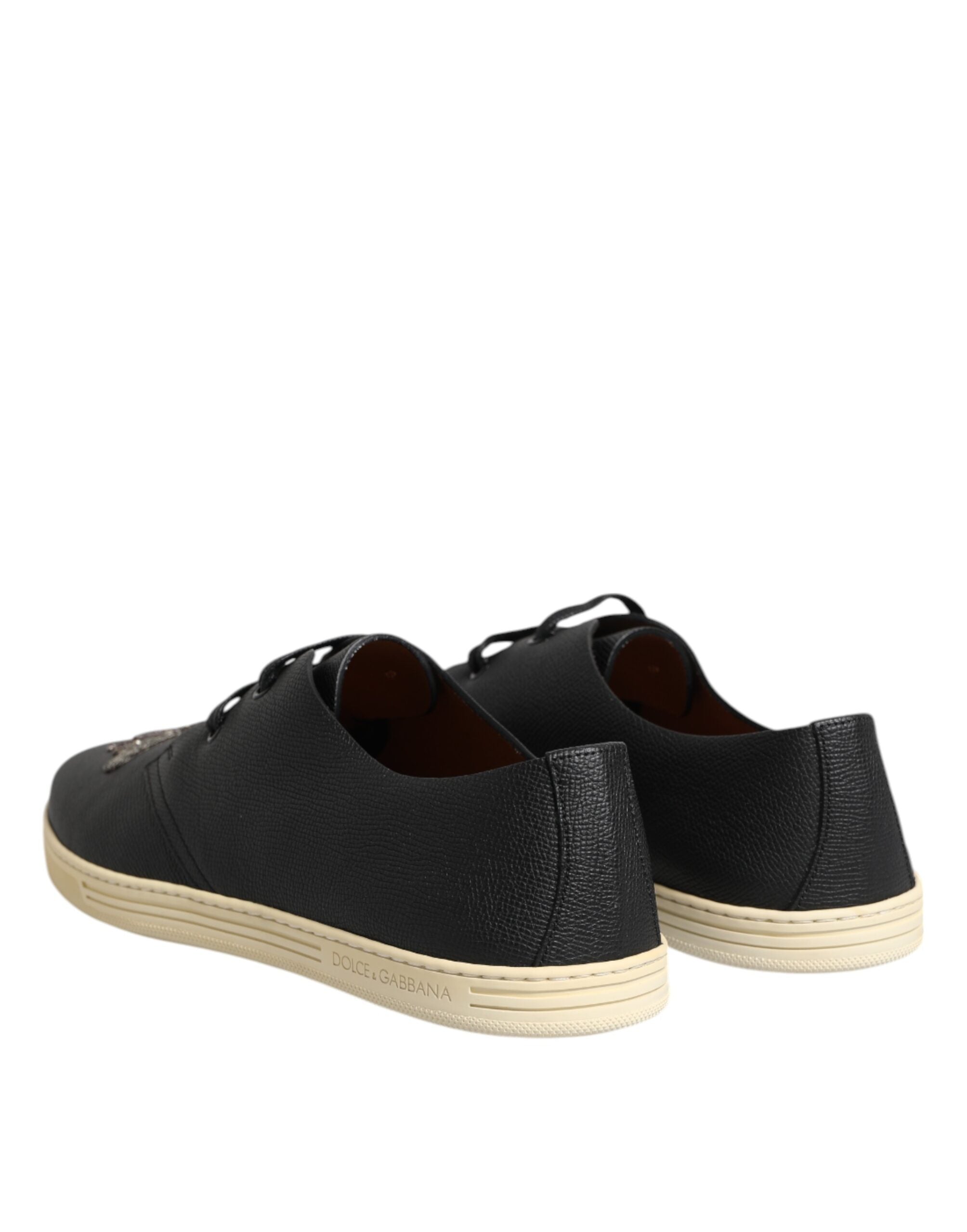 Dolce & Gabbana Black Leather Bee Crown Low Top Sneakers Shoes Dolce & Gabbana