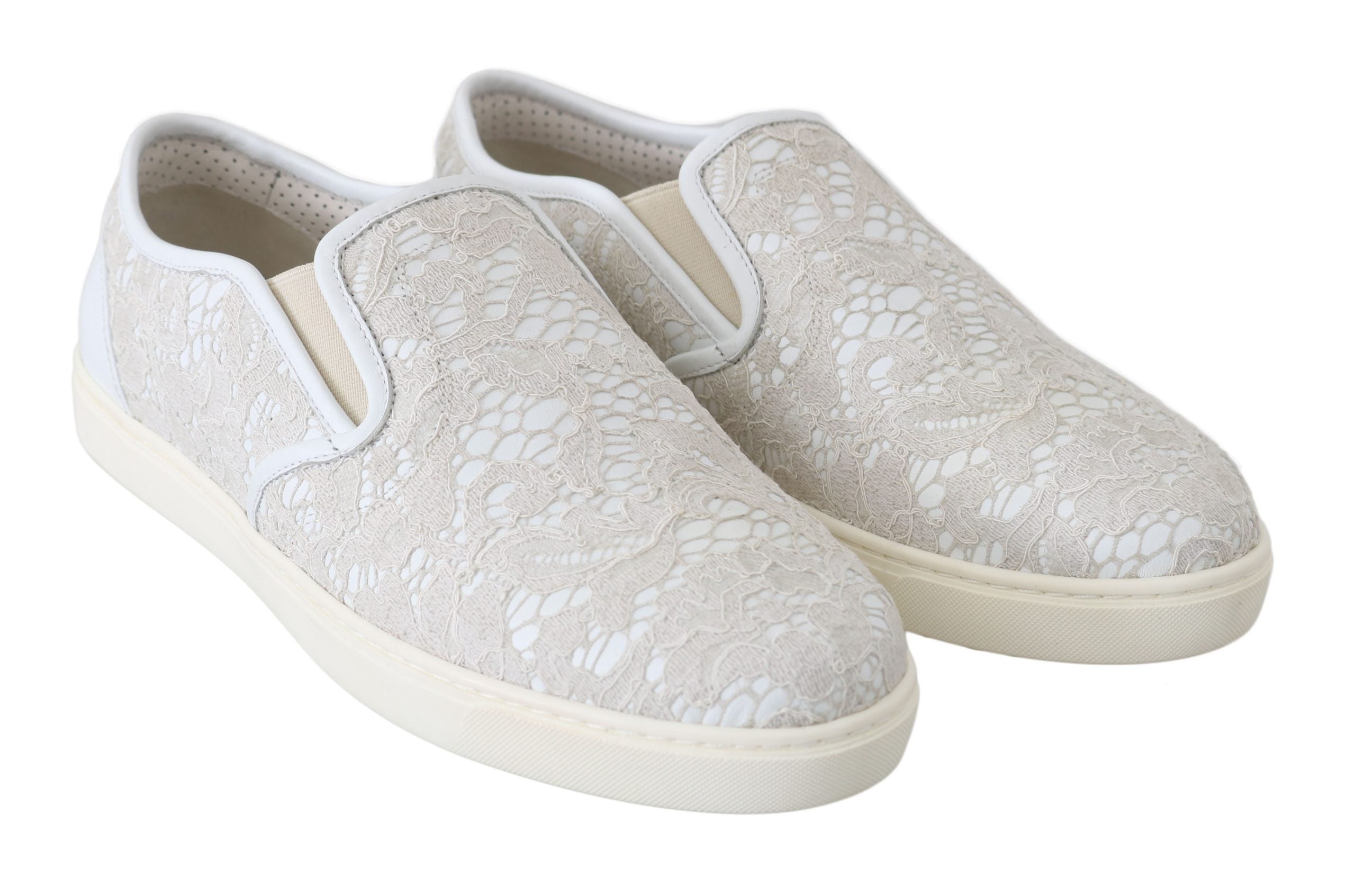 Dolce & Gabbana White Leather Lace Slip On Loafers Shoes Dolce & Gabbana