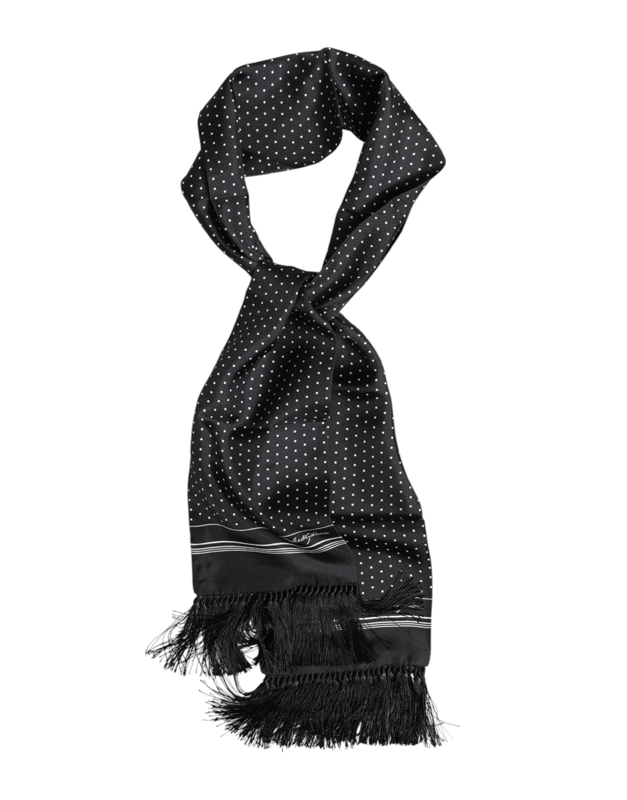 Dolce & Gabbana Black White Polka Dot Fringes Foulard Scarf Dolce & Gabbana