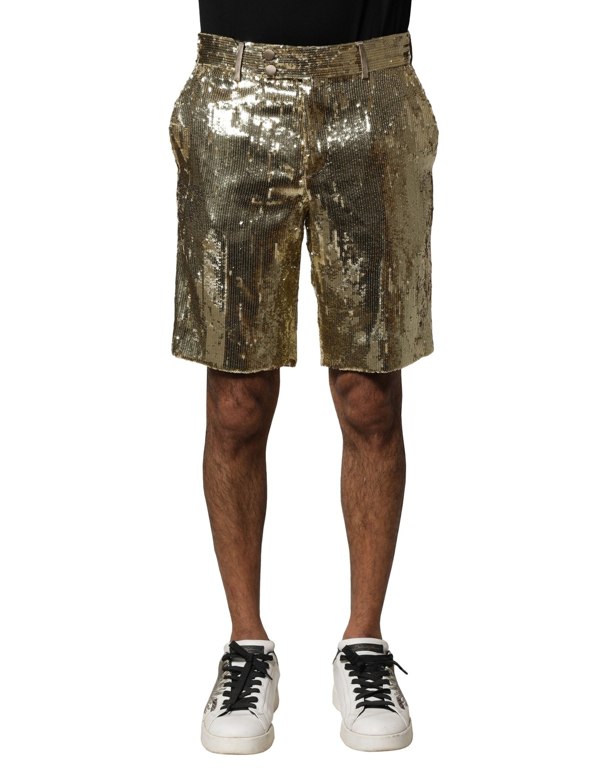 Dolce & Gabbana Gold Sequin Polyester Embellished Bermuda Shorts Dolce & Gabbana