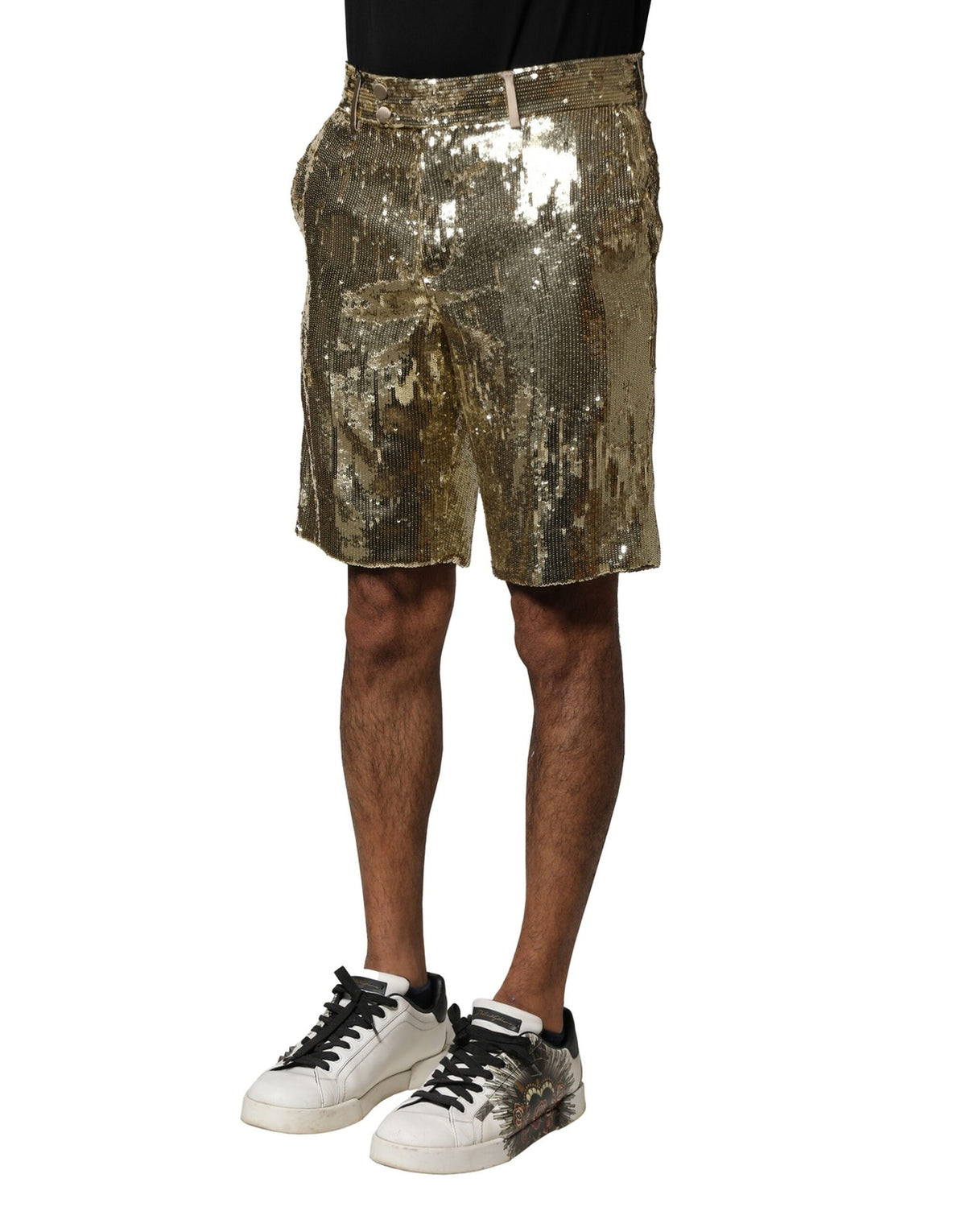Dolce & Gabbana Gold Sequin Polyester Embellished Bermuda Shorts