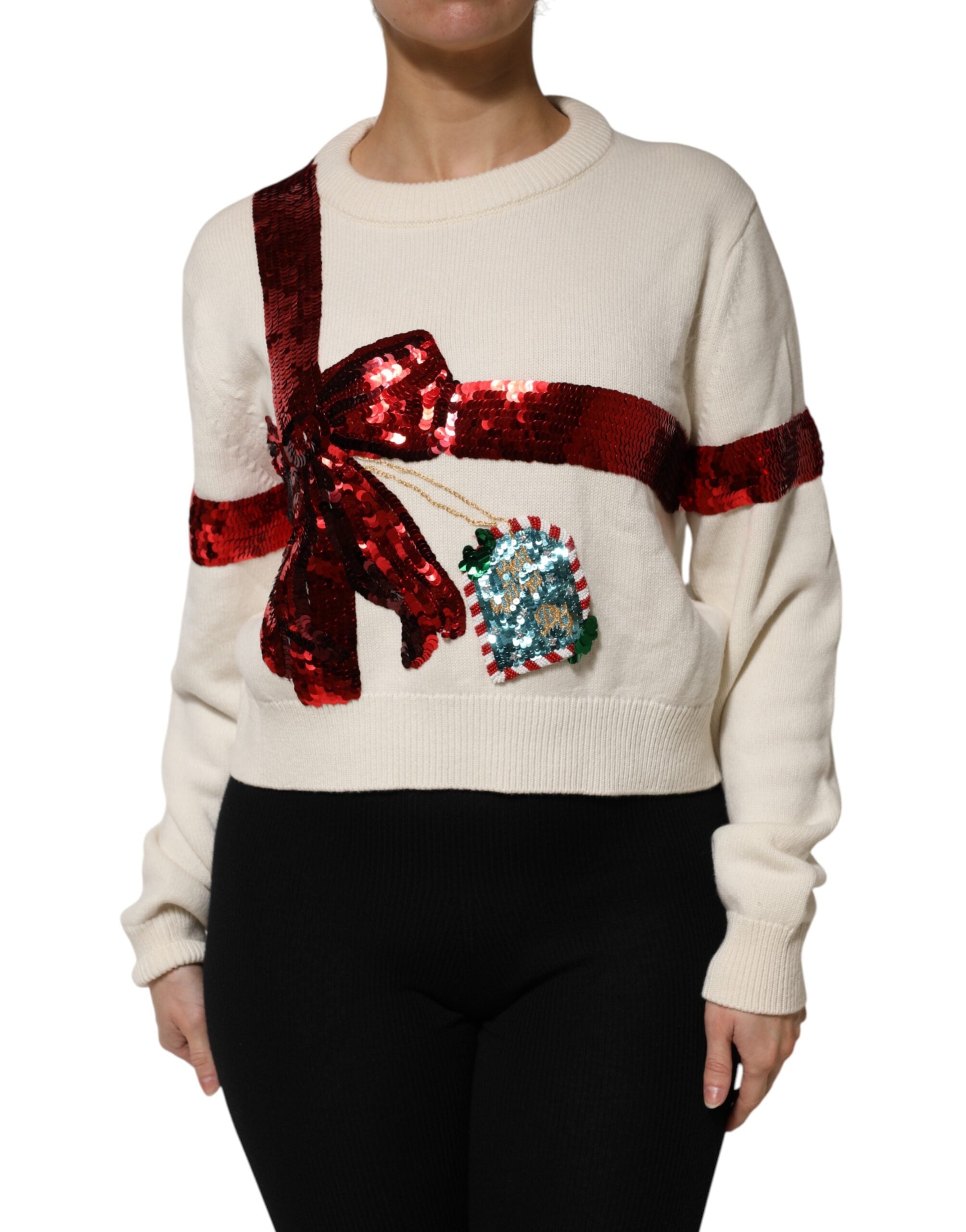 Dolce & Gabbana White Sequined Crew Neck Pullover Sweater Dolce & Gabbana