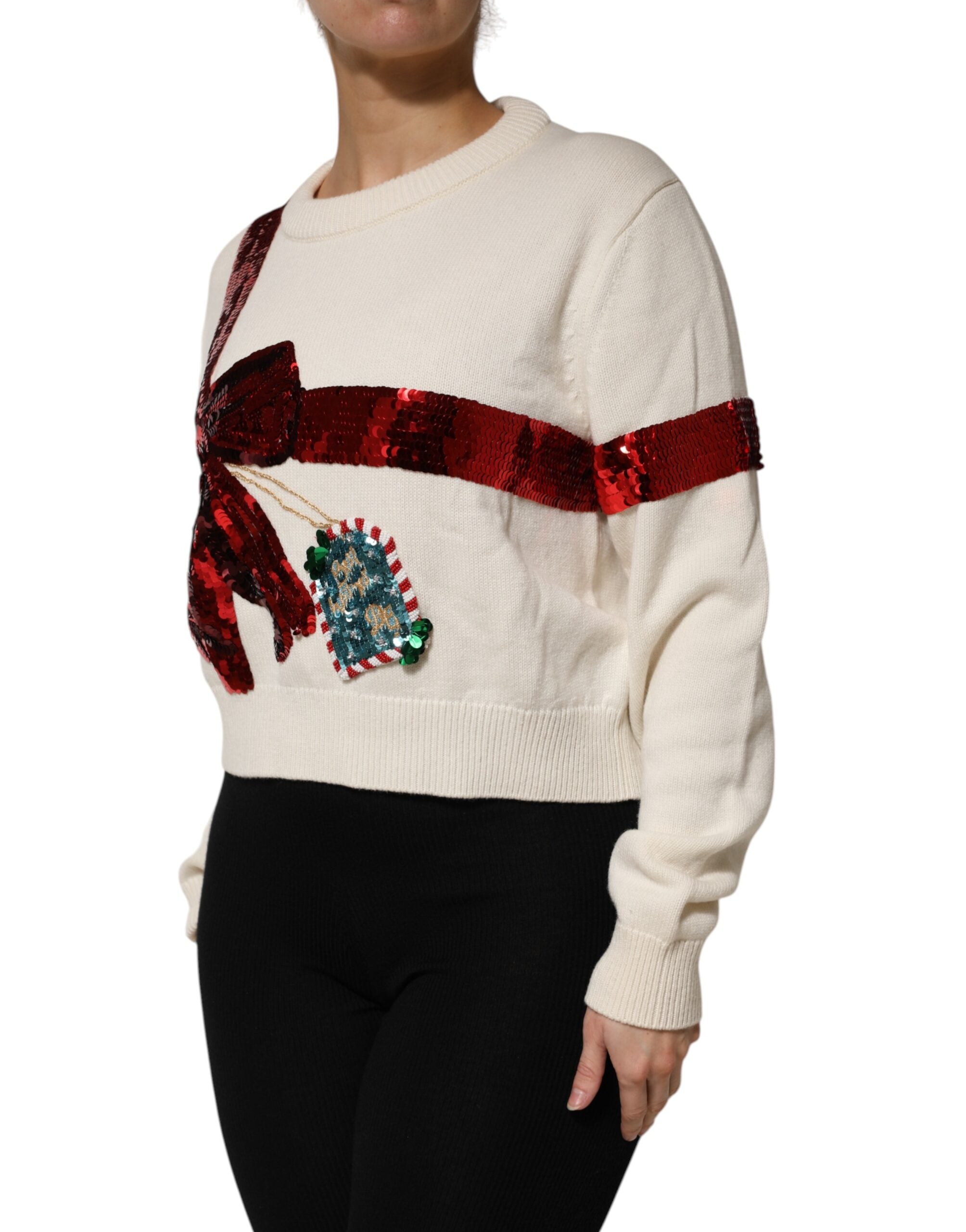 Dolce & Gabbana White Sequined Crew Neck Pullover Sweater Dolce & Gabbana
