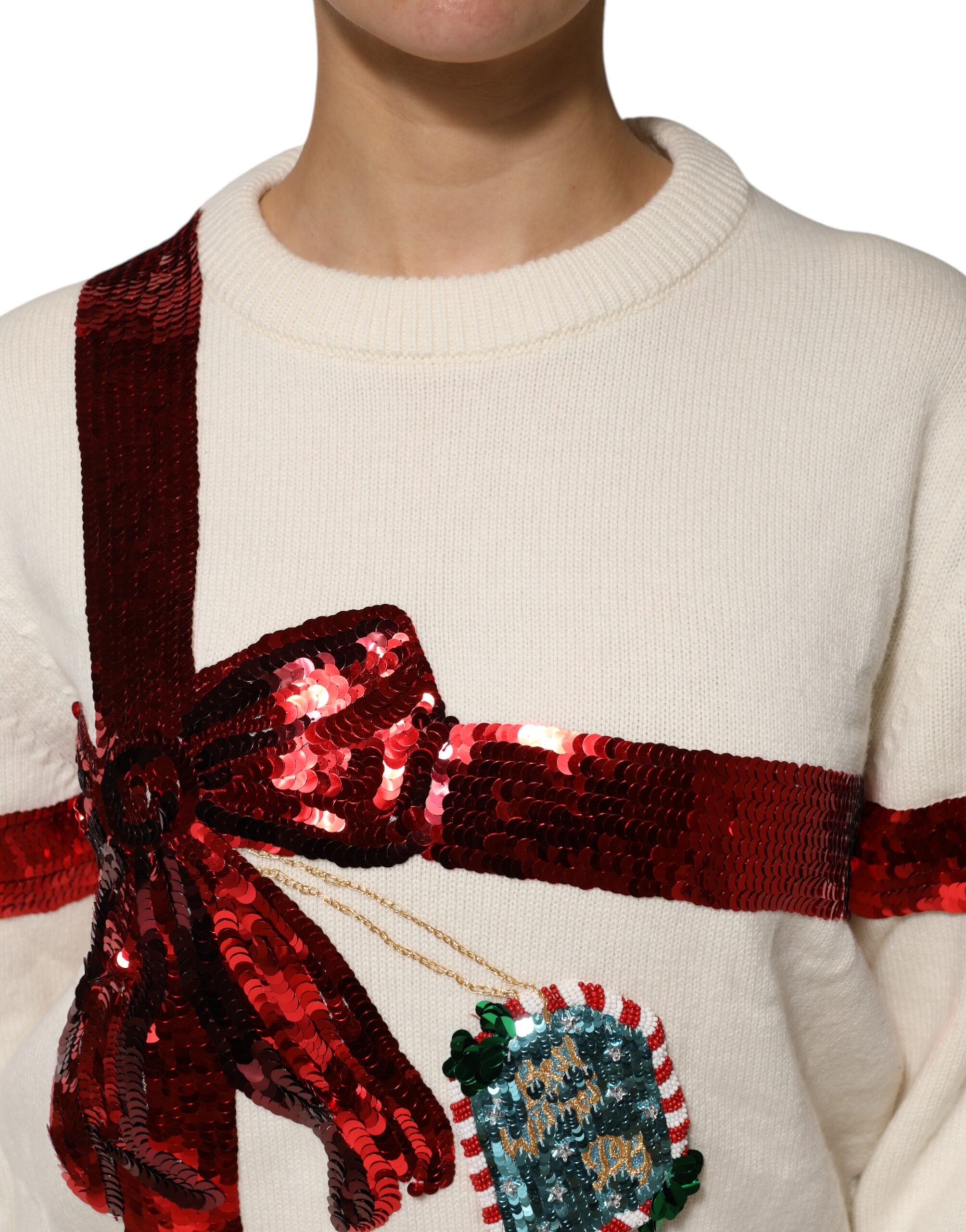 Dolce & Gabbana White Sequined Crew Neck Pullover Sweater Dolce & Gabbana