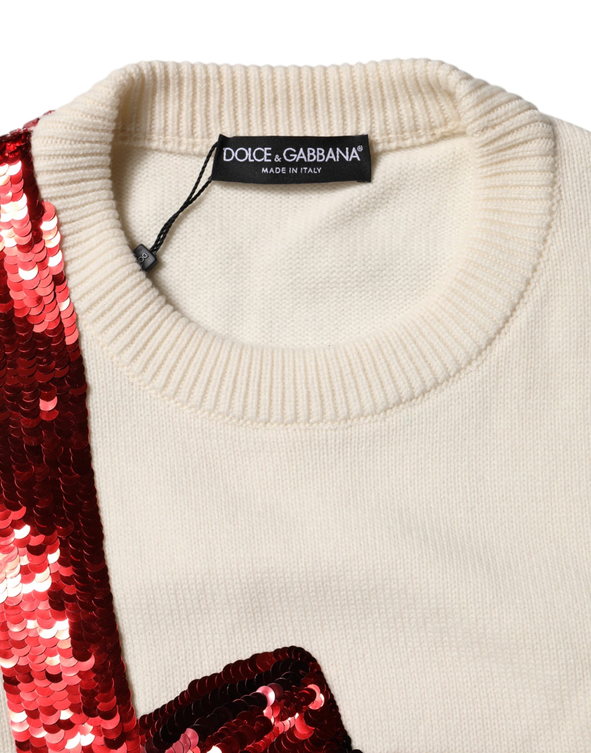 Dolce & Gabbana White Sequined Crew Neck Pullover Sweater Dolce & Gabbana