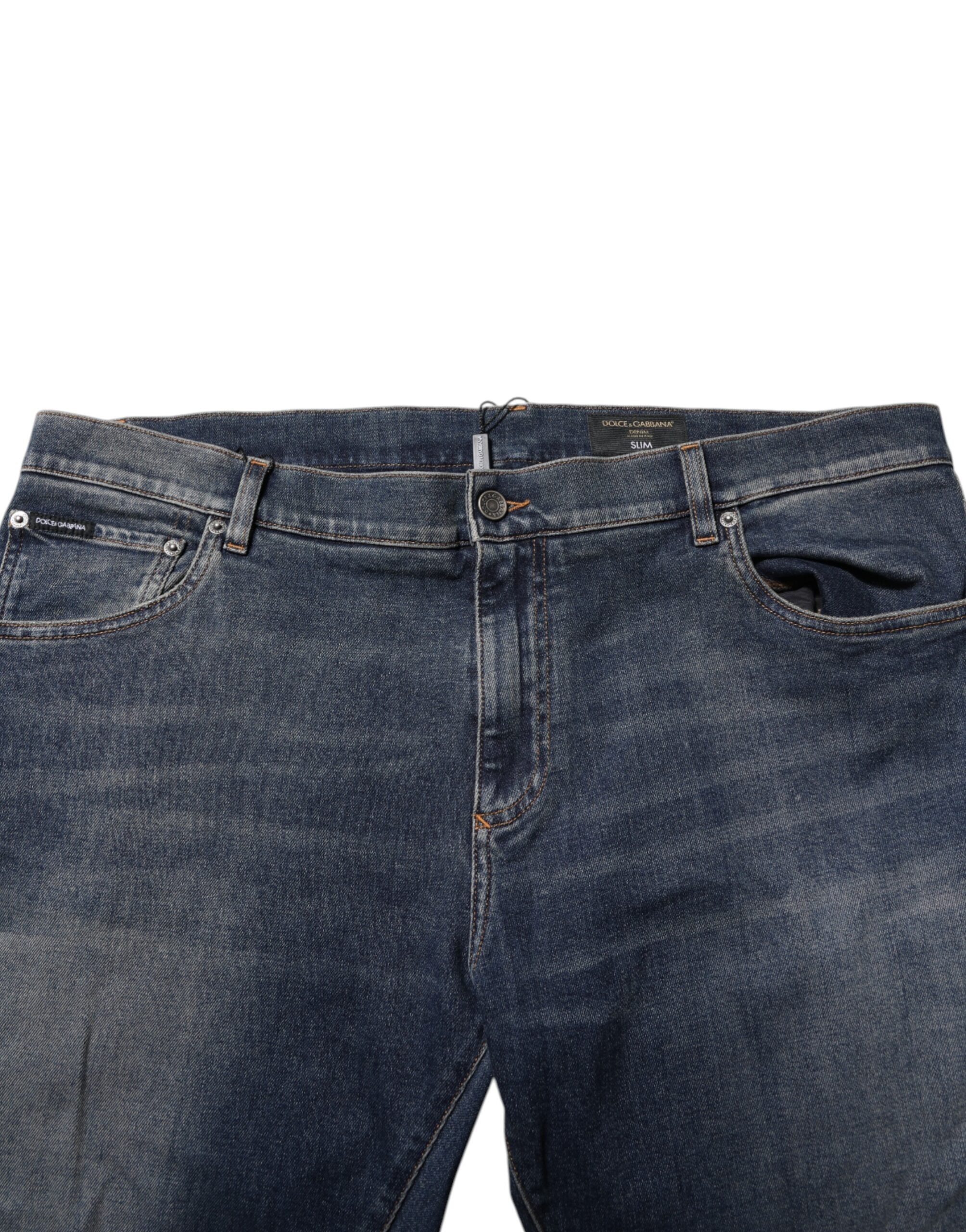 Dolce & Gabbana Blue Cotton Logo Plaque Slim Denim Jeans Dolce & Gabbana