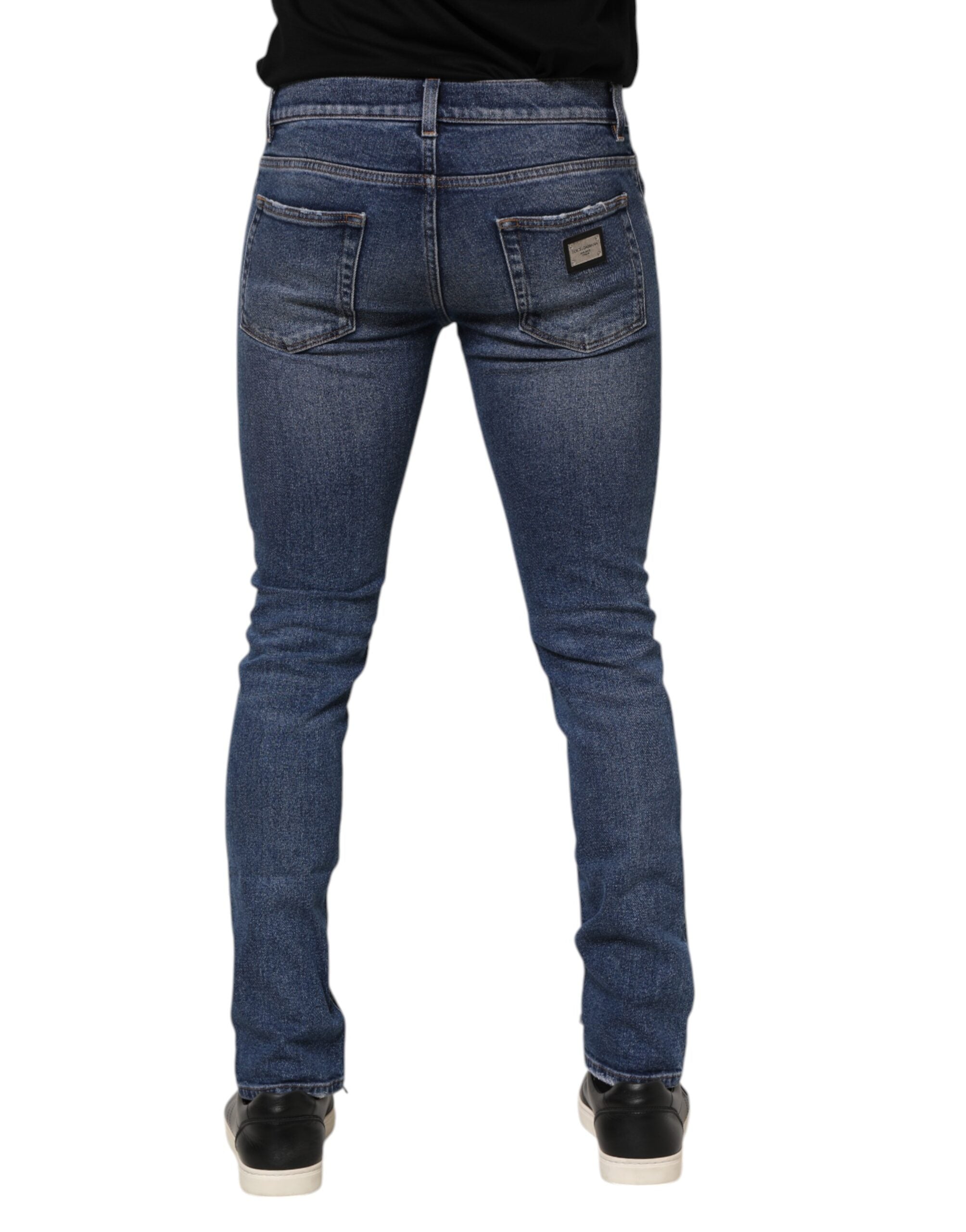 Dolce & Gabbana Blue Cotton Logo Plaque Skinny Men Denim Jeans Dolce & Gabbana