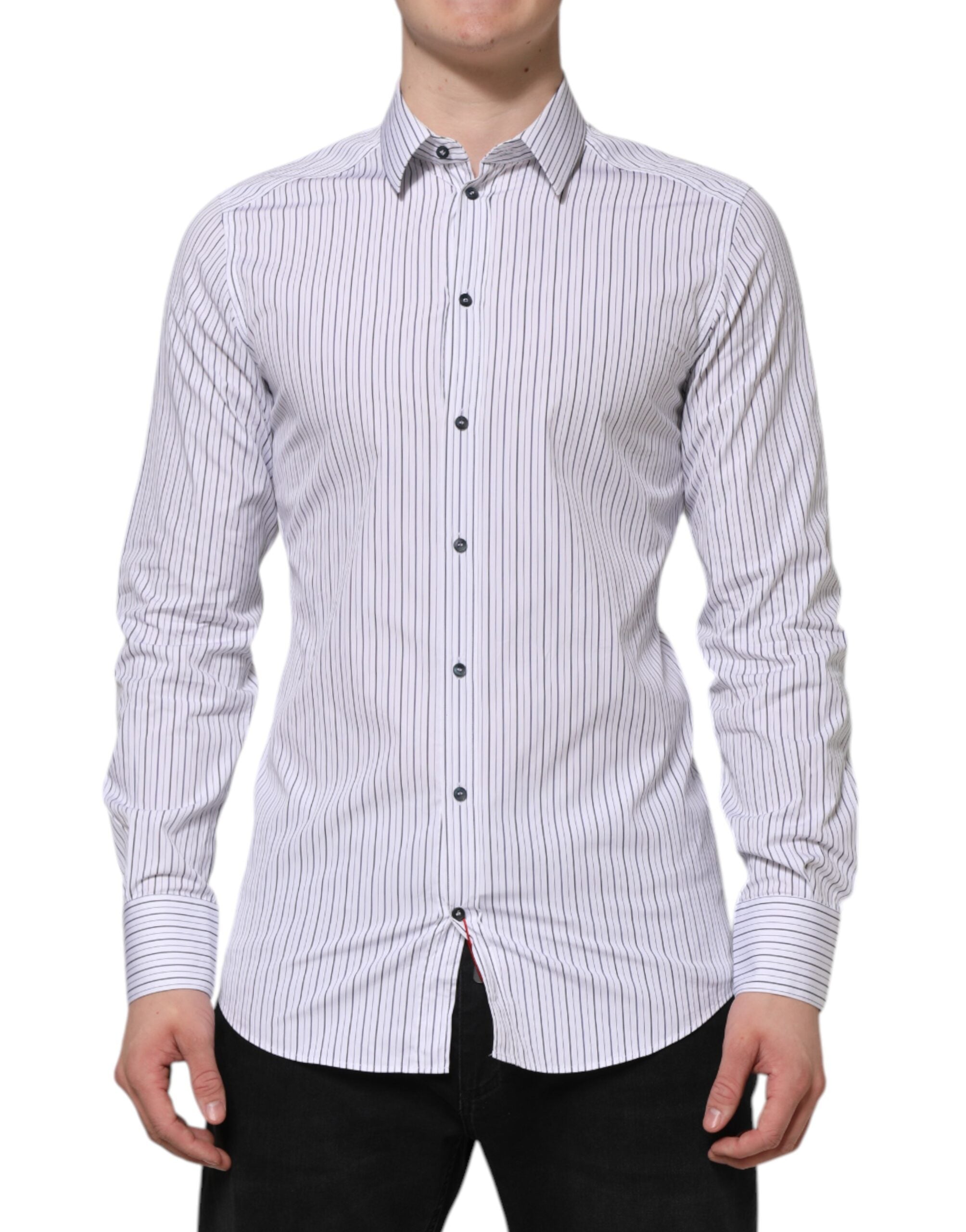 Dolce & Gabbana White Blue Striped Cotton GOLD Formal Shirt Dolce & Gabbana