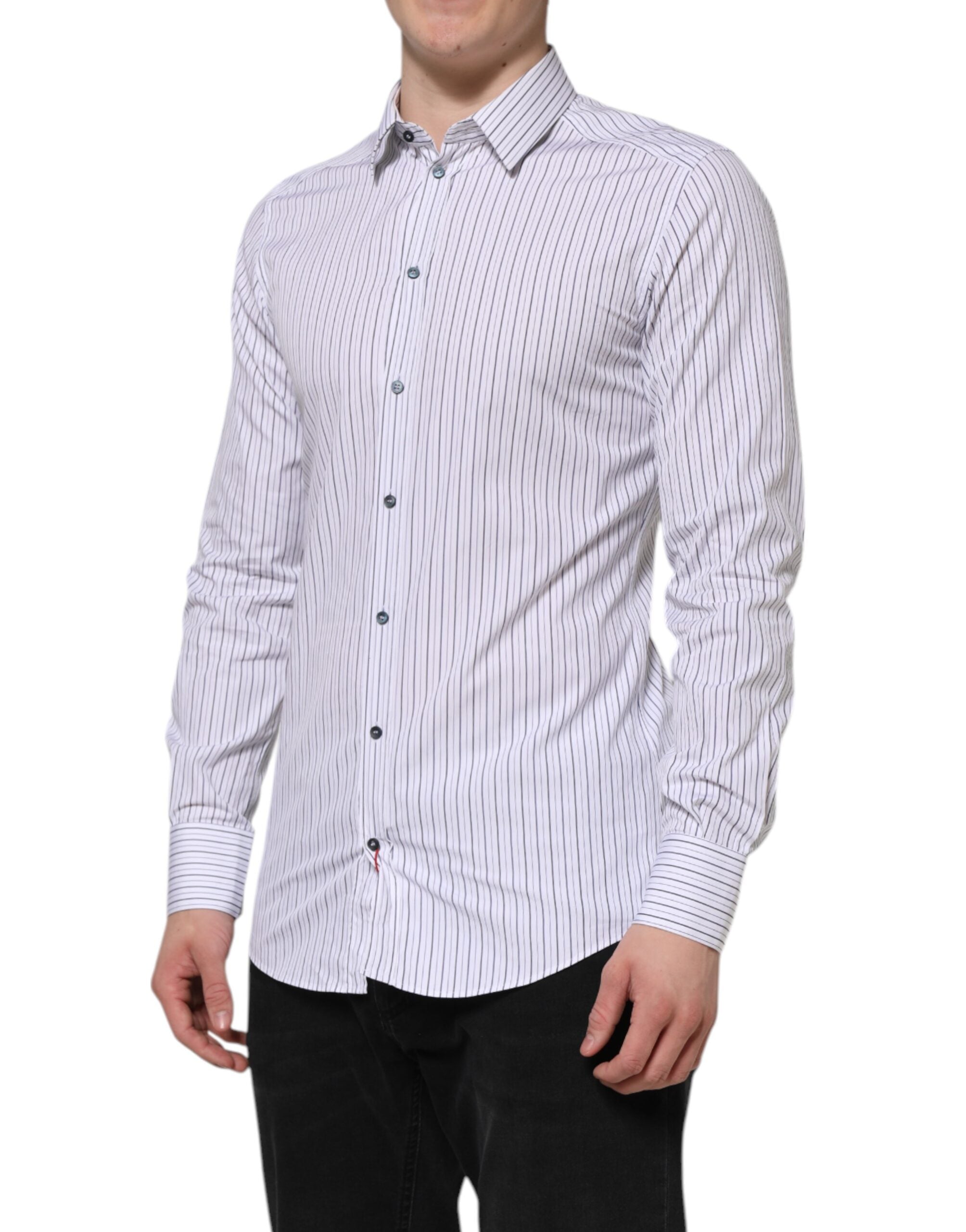 Dolce & Gabbana White Blue Striped Cotton GOLD Formal Shirt Dolce & Gabbana