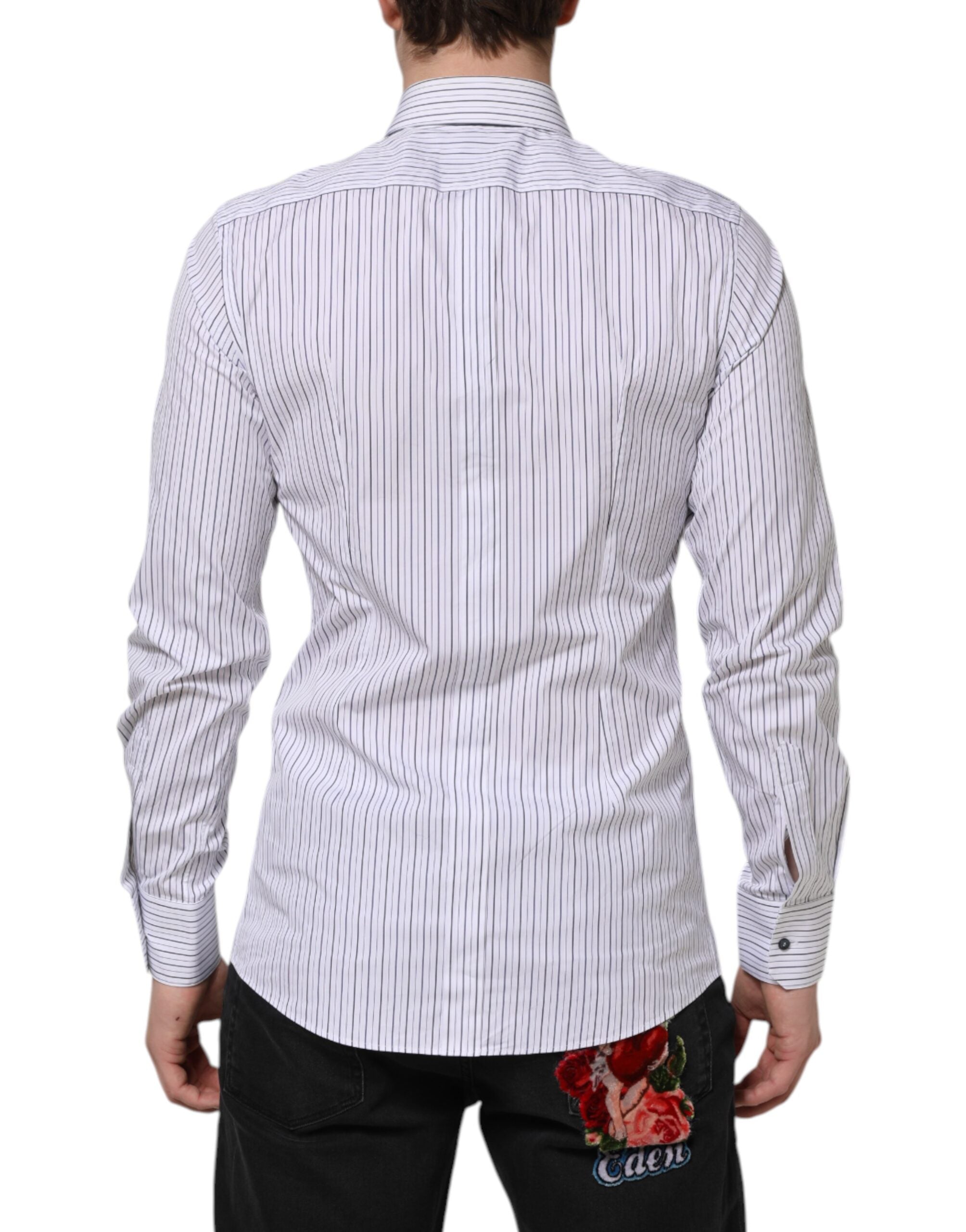 Dolce & Gabbana White Blue Striped Cotton GOLD Formal Shirt Dolce & Gabbana