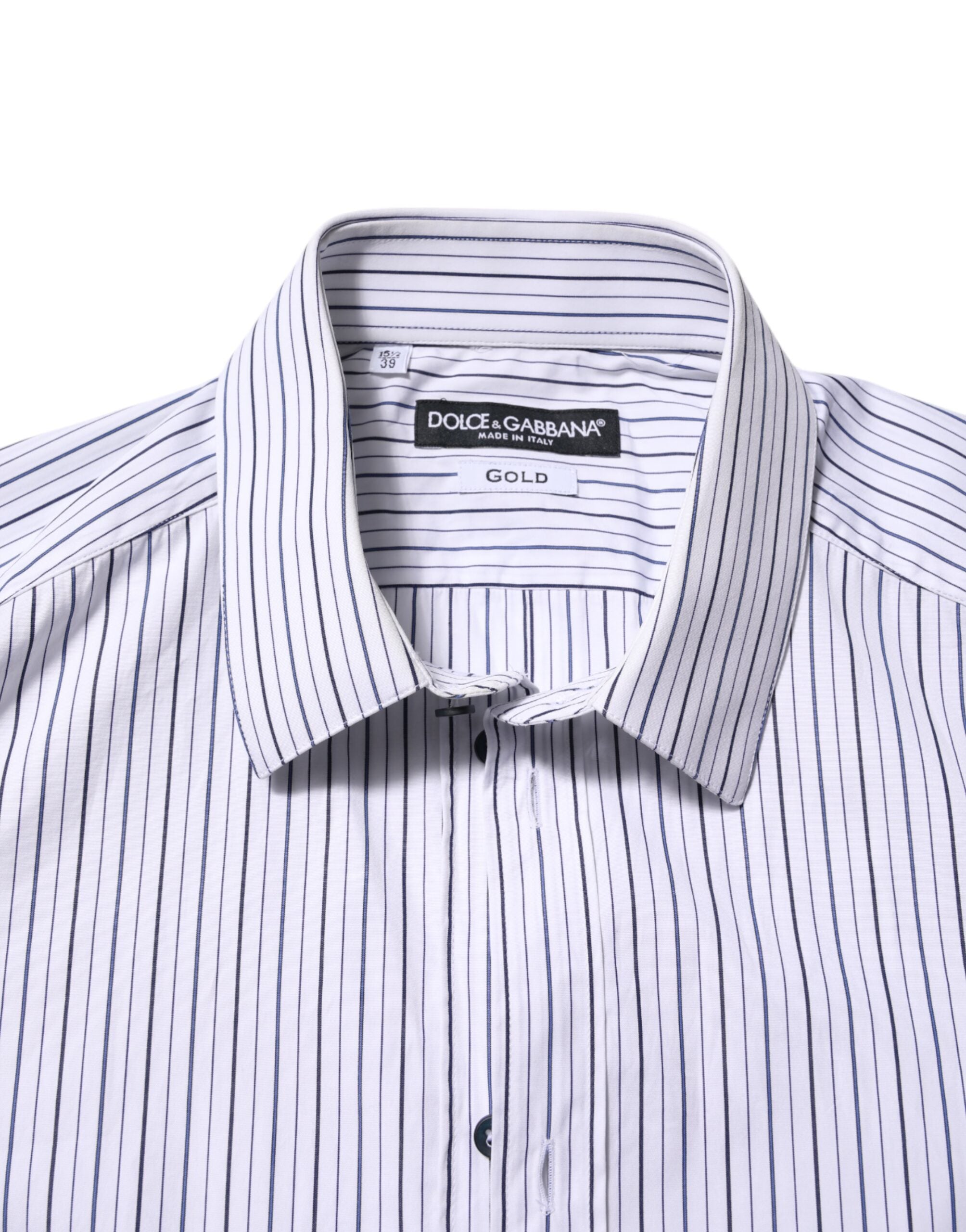 Dolce & Gabbana White Blue Striped Cotton GOLD Formal Shirt Dolce & Gabbana