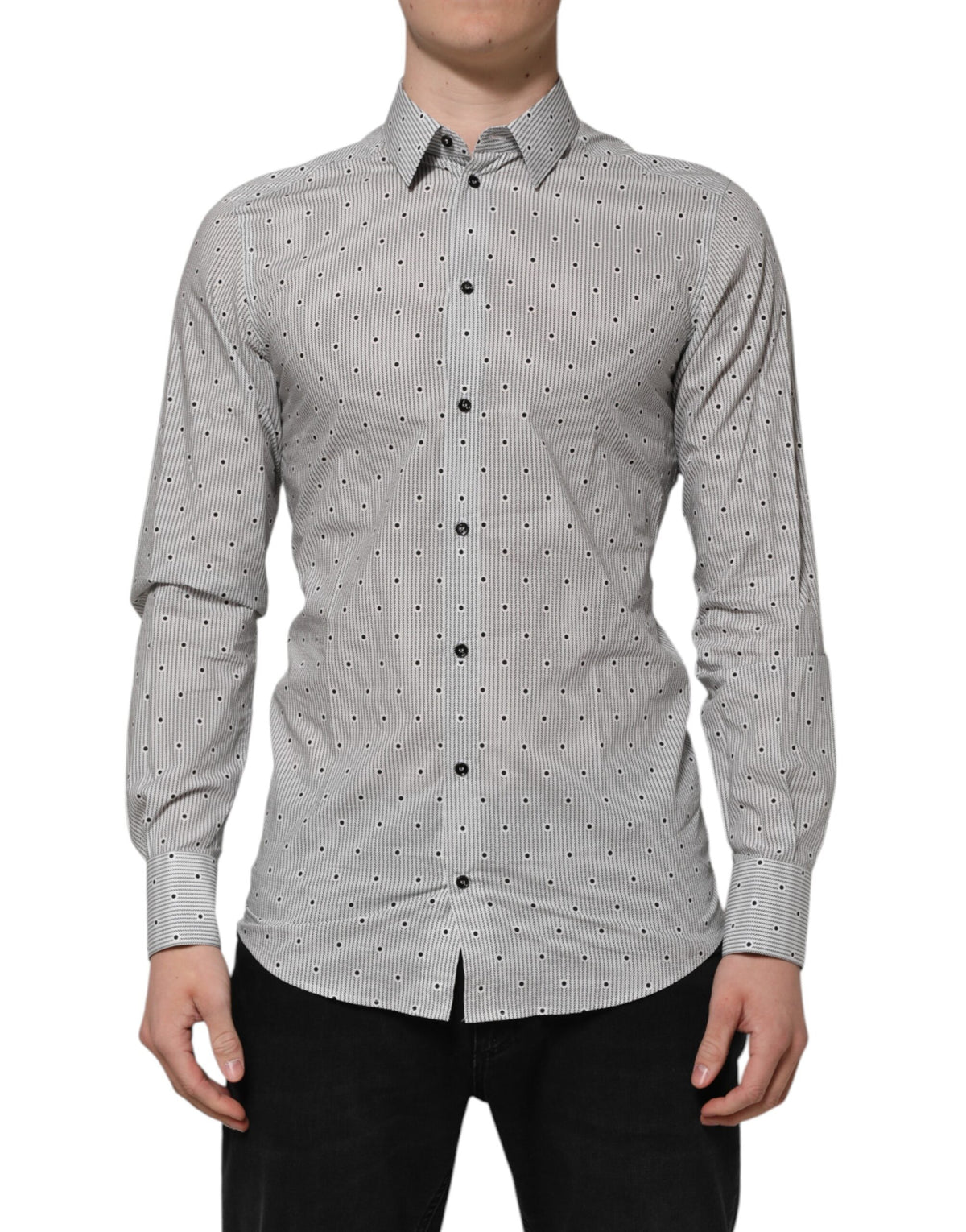 Dolce & Gabbana Gray Dotted Semi Fitted GOLD Men Formal Shirt