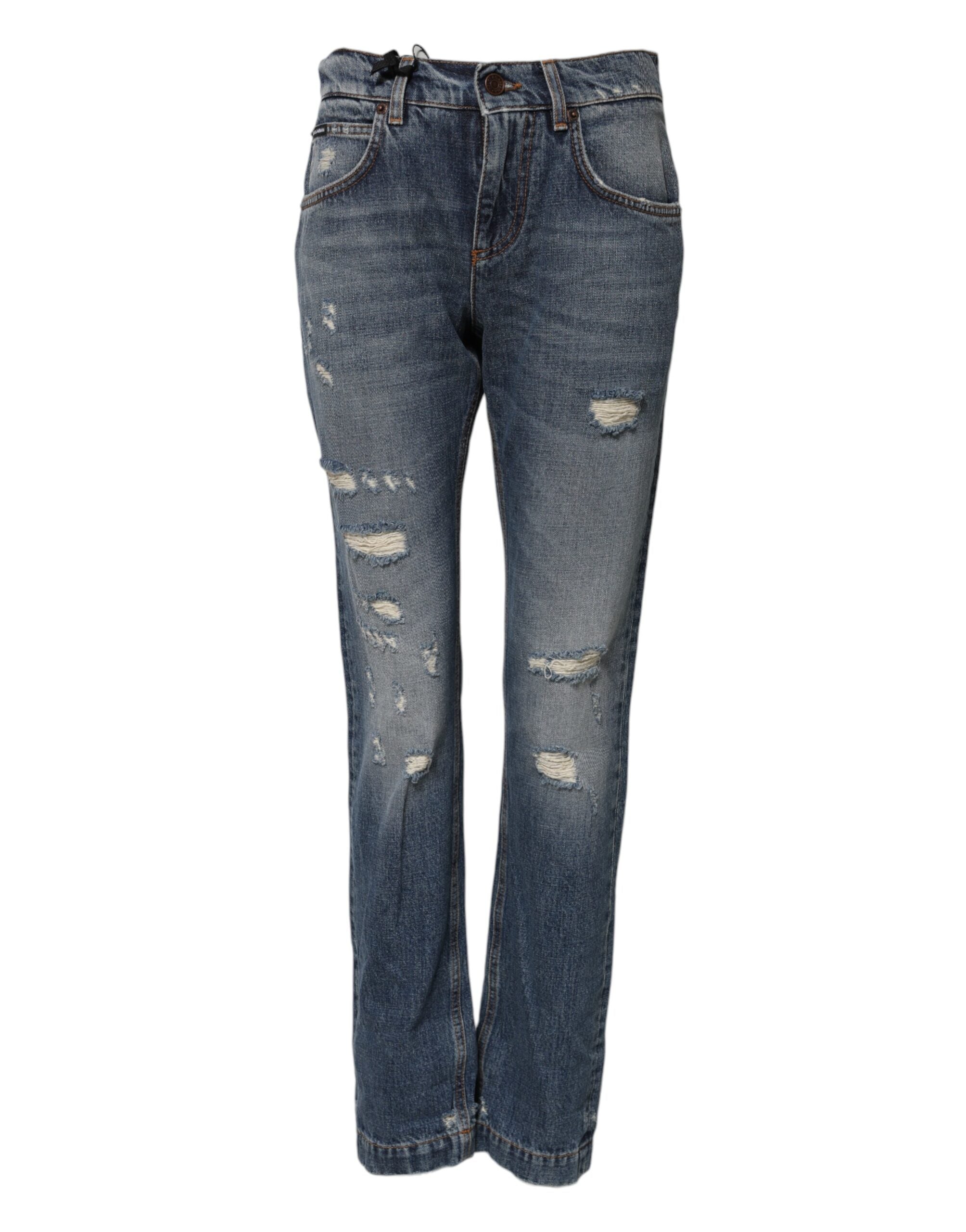 Dolce & Gabbana Blue Cotton Tattered Mid Waist Denim Jeans Dolce & Gabbana
