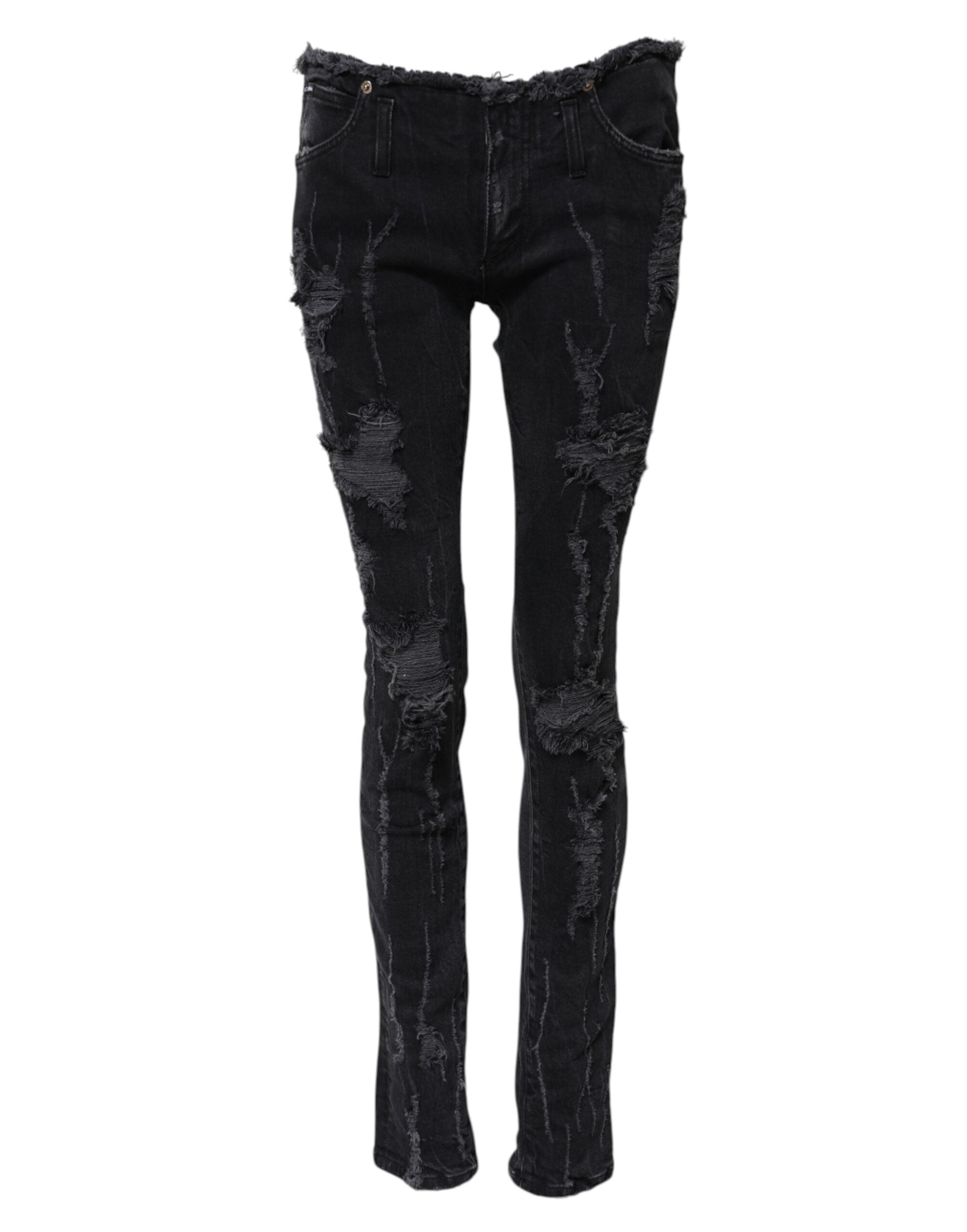 Dolce & Gabbana Black Cotton Tattered Skinny Denim Jeans Dolce & Gabbana