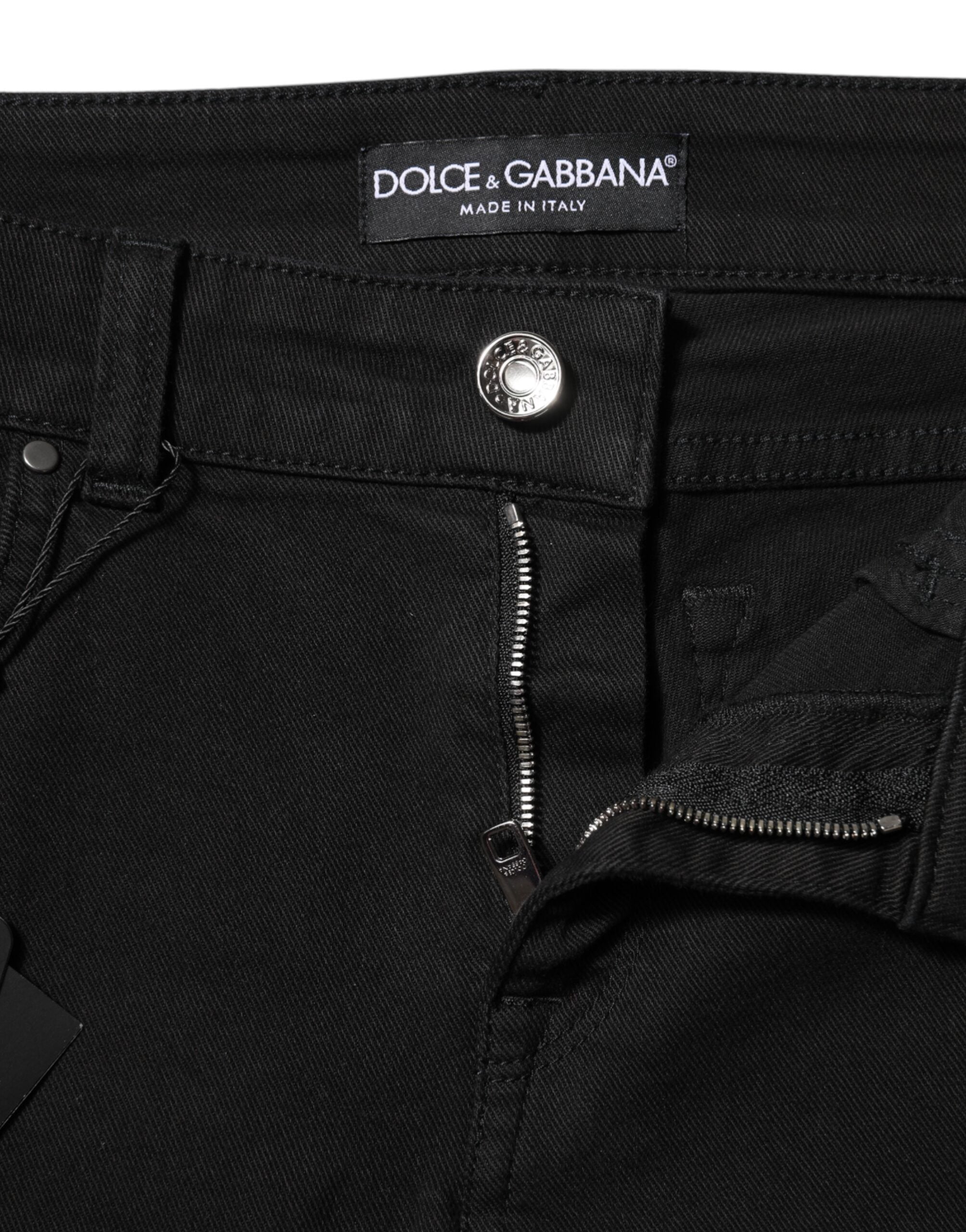 Dolce & Gabbana Black Cotton Logo Skinny Mid Waist Denim Jeans Dolce & Gabbana