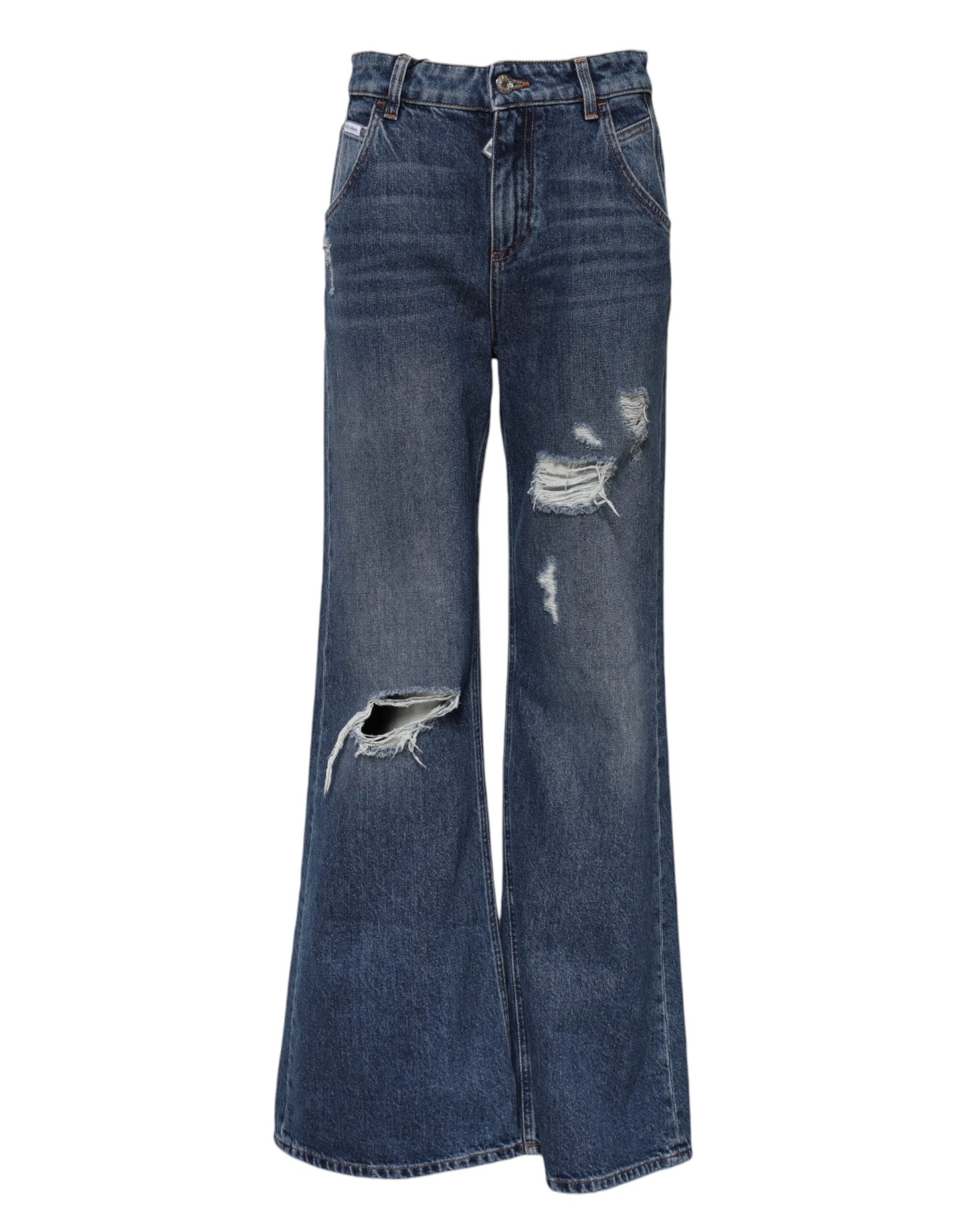 Dolce & Gabbana Blue Cotton Wide Leg Tattered Denim Jeans Dolce & Gabbana