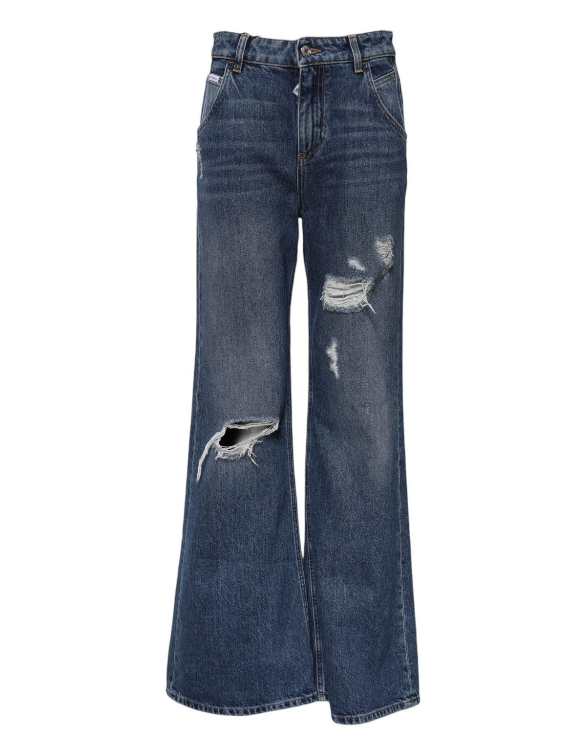 Dolce & Gabbana Blue Cotton Wide Leg Tattered Denim Jeans