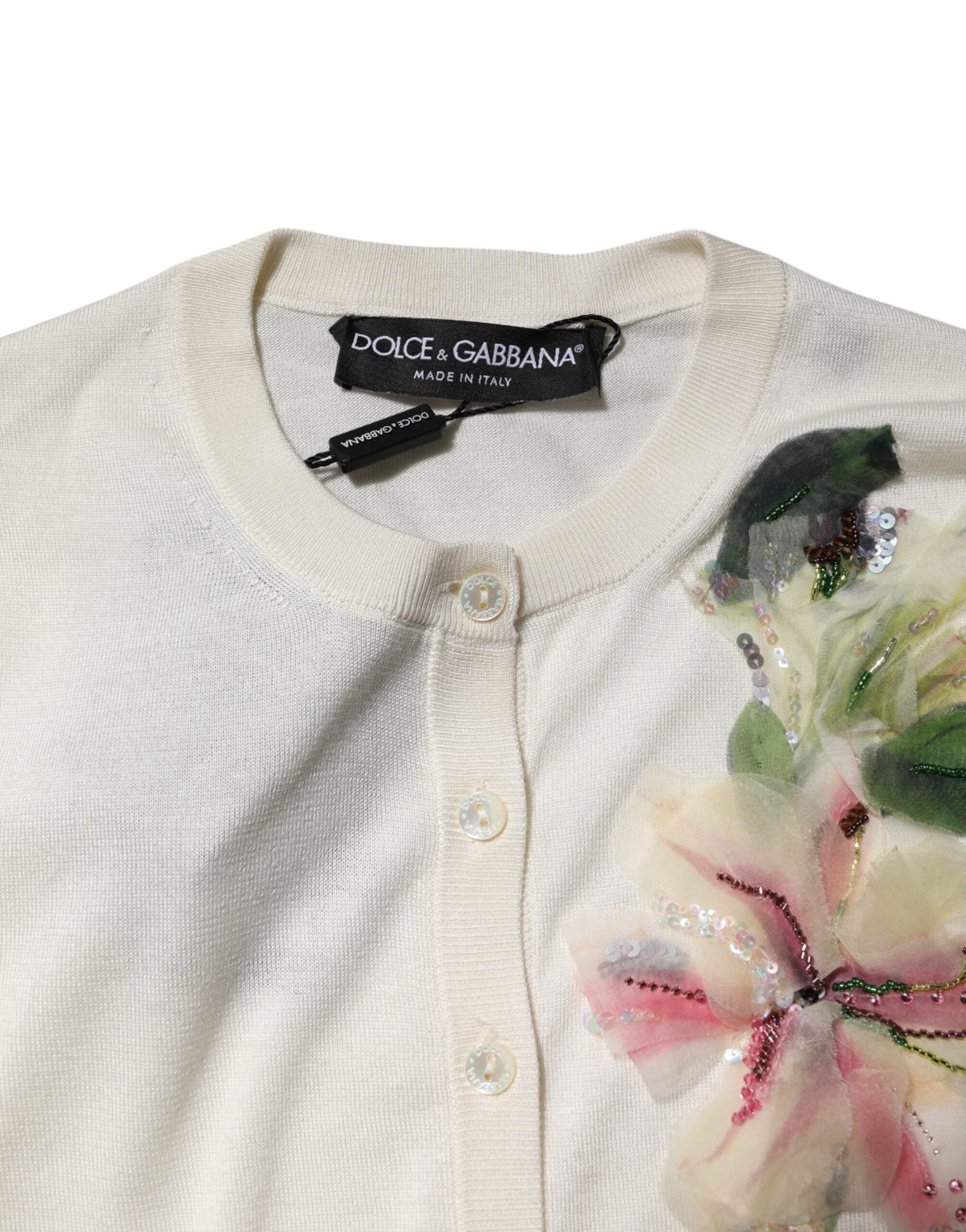 Dolce & Gabbana White Silk Lily Buttoned Cardigan Sweater Dolce & Gabbana