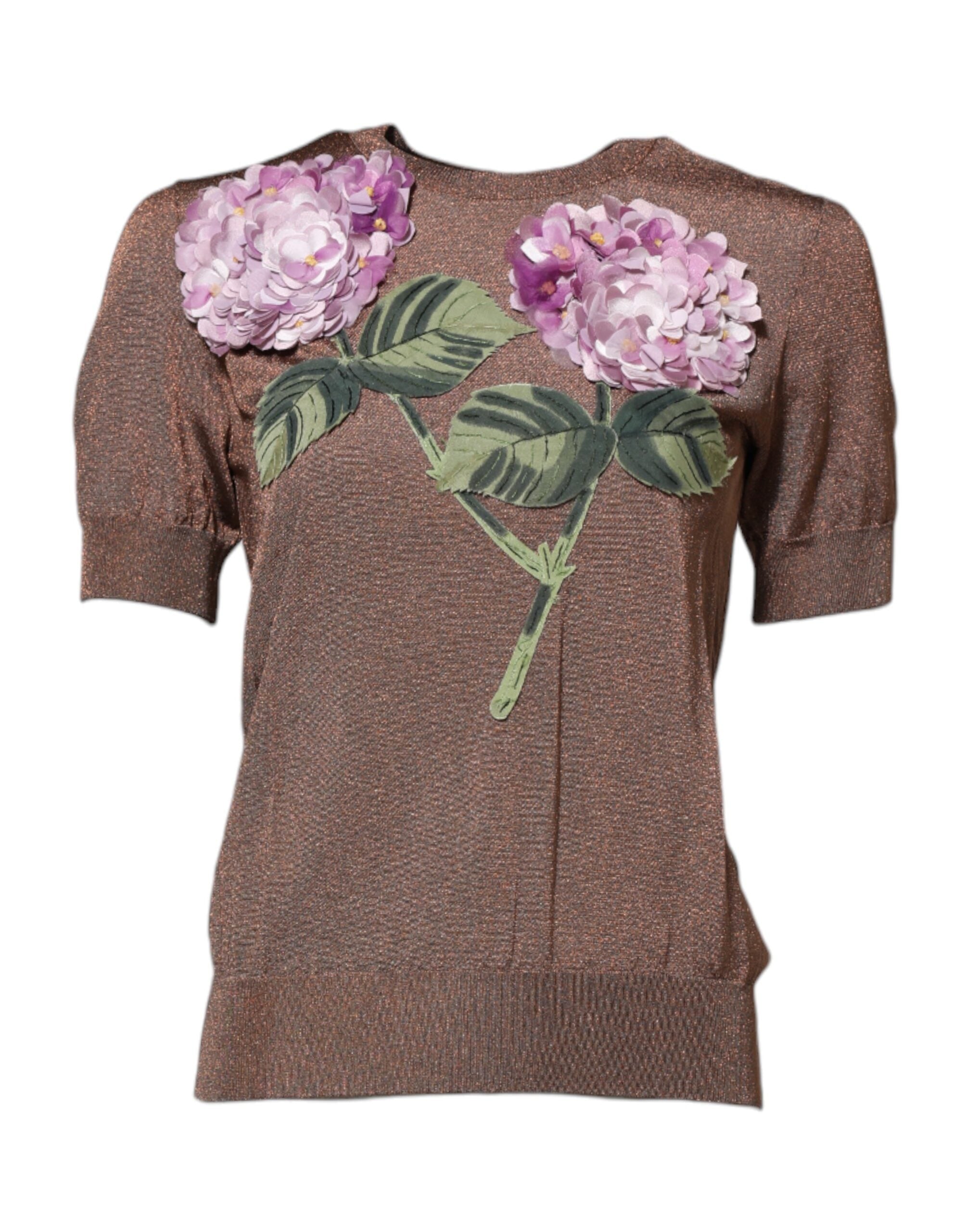 Dolce & Gabbana Brown Lily Embellished Round Neck Blouse Top Dolce & Gabbana