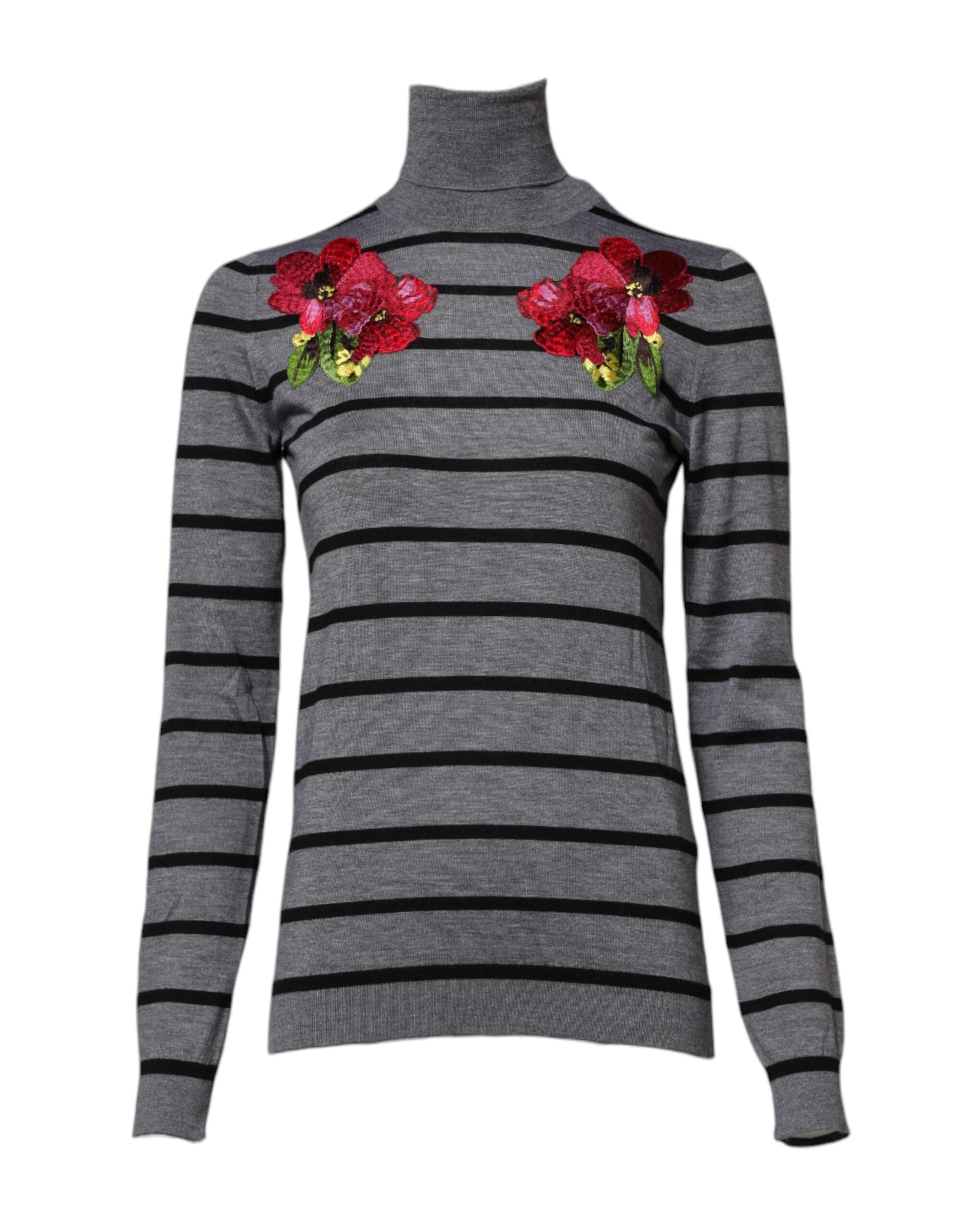 Dolce & Gabbana Gray Floral Embroidery Pullover Sweater Dolce & Gabbana