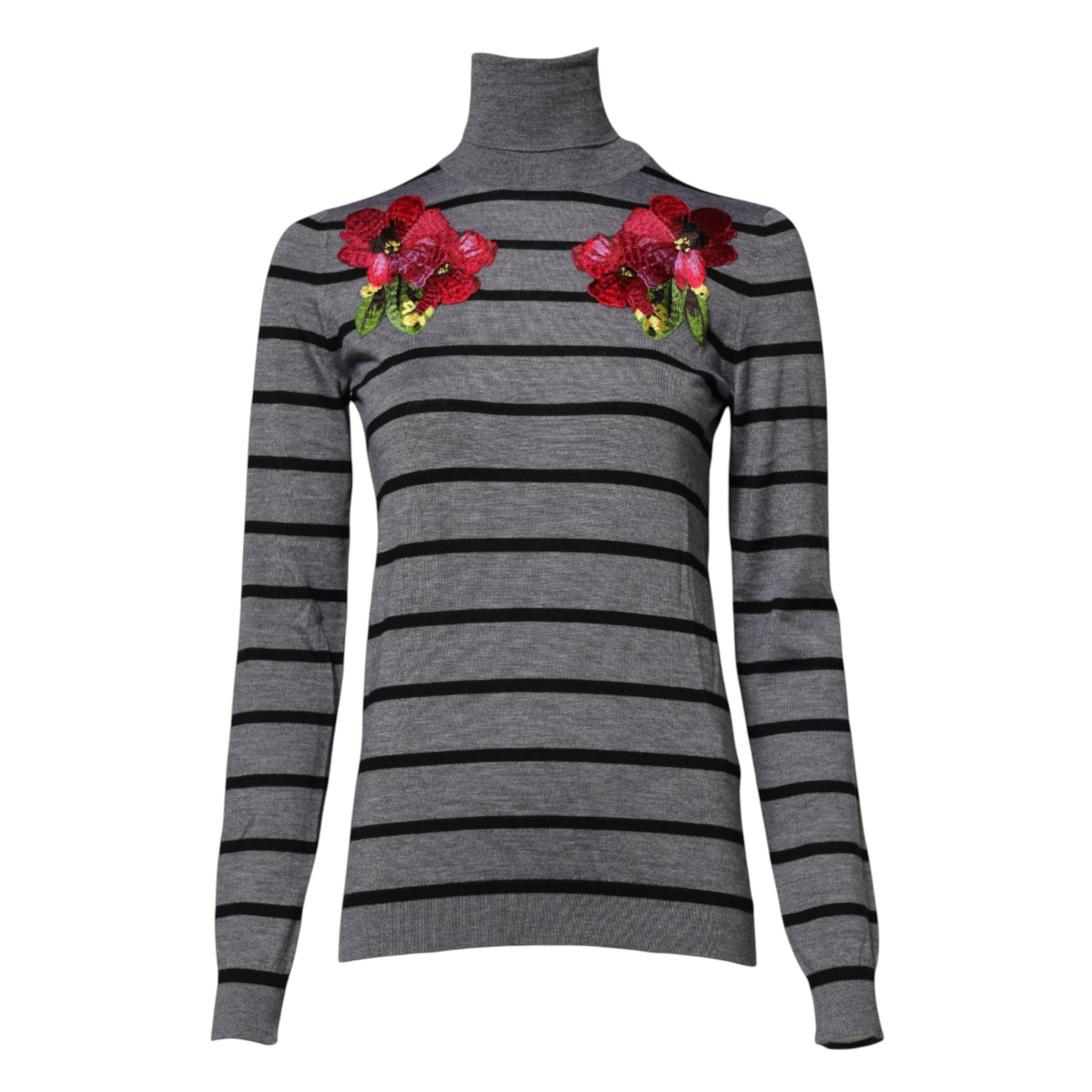 Dolce & Gabbana Gray Floral Embroidery Pullover Sweater Dolce & Gabbana