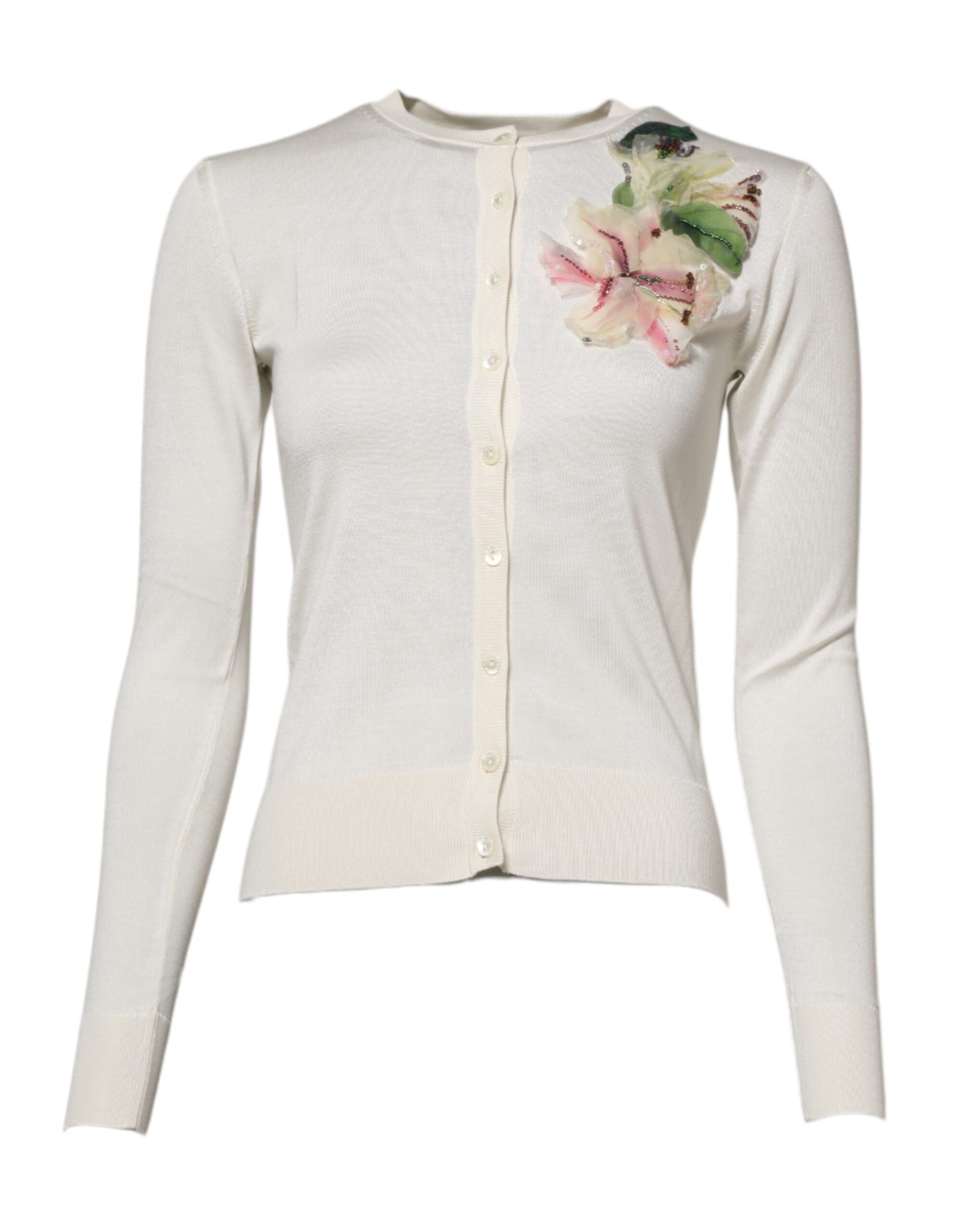 Dolce & Gabbana White Silk Lily Embellished Cardigan Sweater Dolce & Gabbana