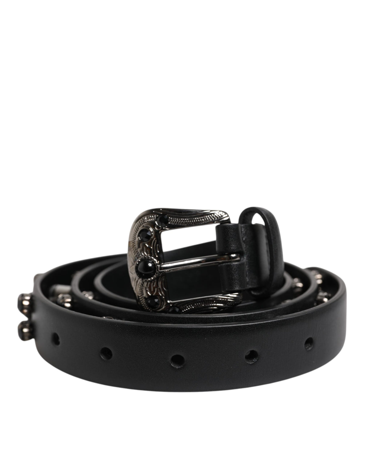 Dolce & Gabbana Black Studded Leather Metal Logo Buckle Belt