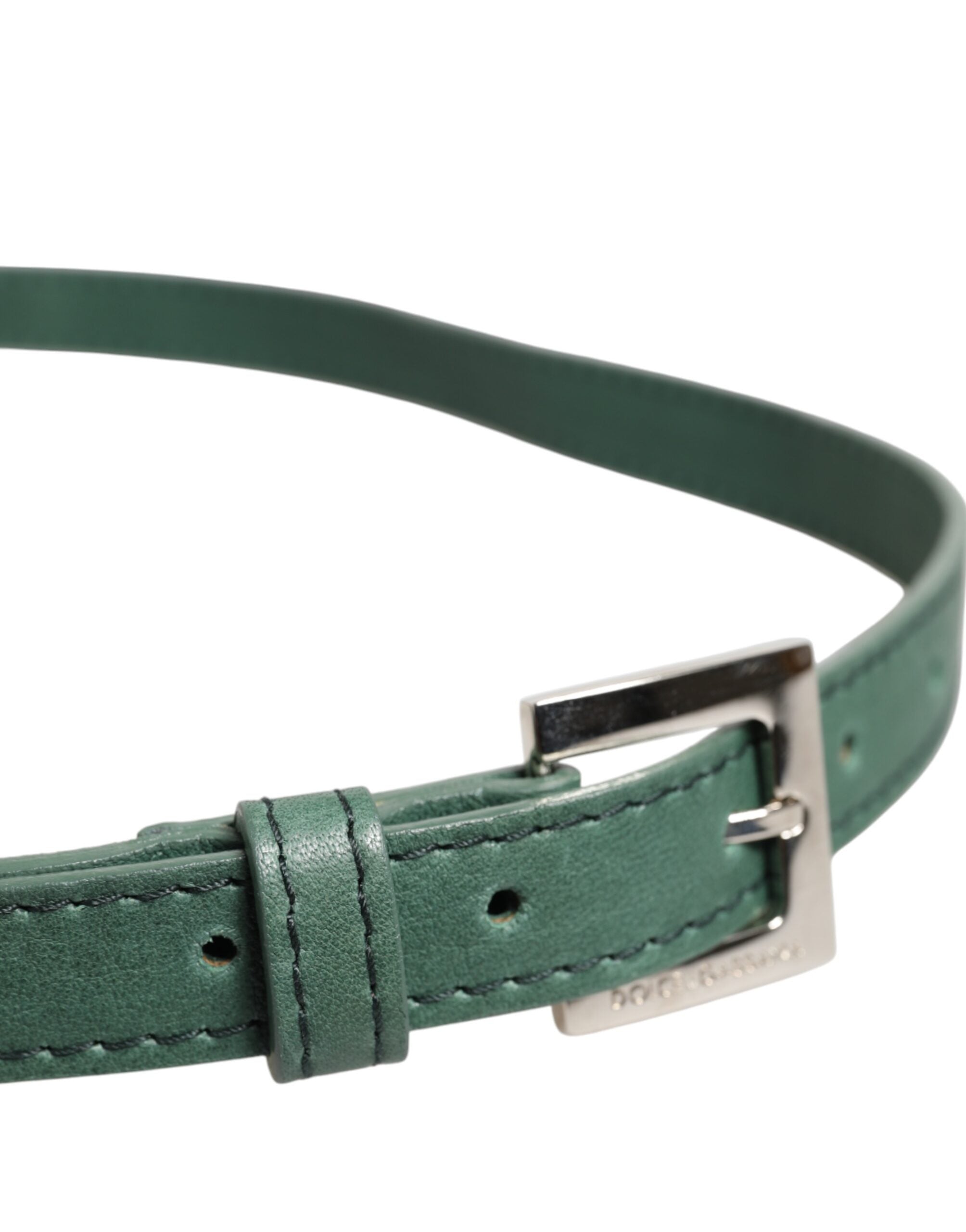 Dolce & Gabbana Dark Green Leather Silver Metal Buckle Belt Dolce & Gabbana