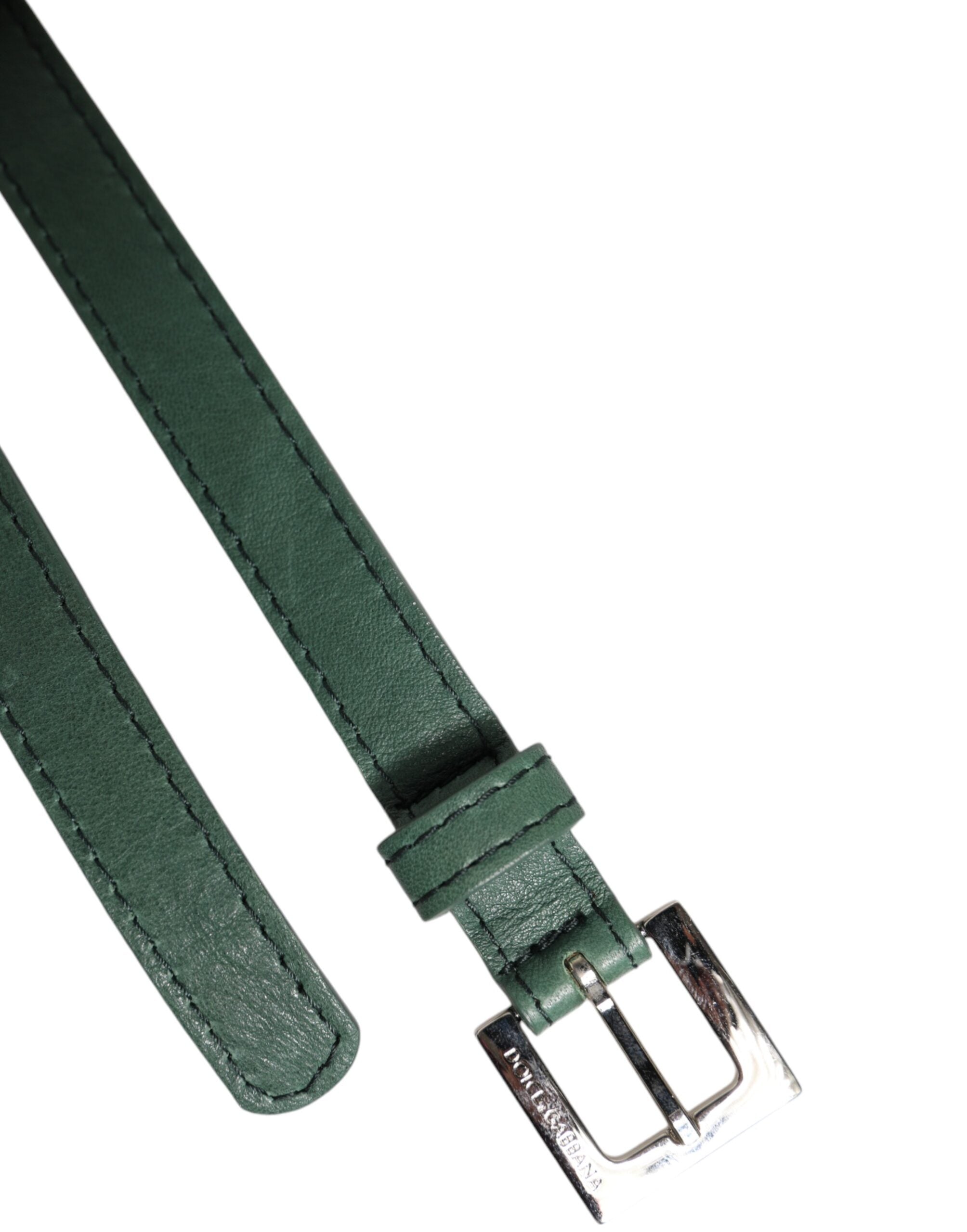 Dolce & Gabbana Dark Green Leather Silver Metal Buckle Belt Dolce & Gabbana