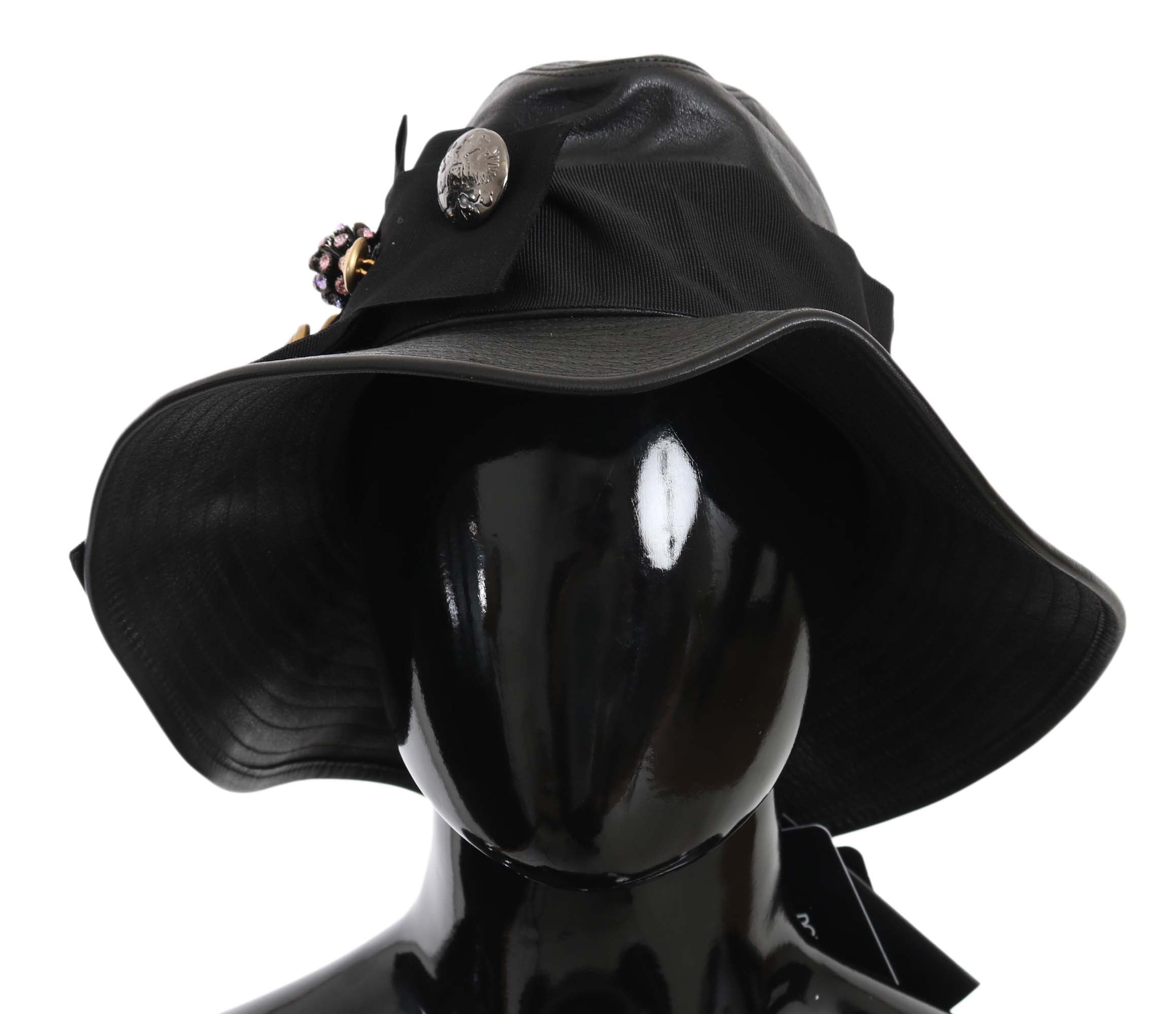 Dolce & Gabbana Black Leather DG Coin Crystal Wide Brim Hat Dolce & Gabbana