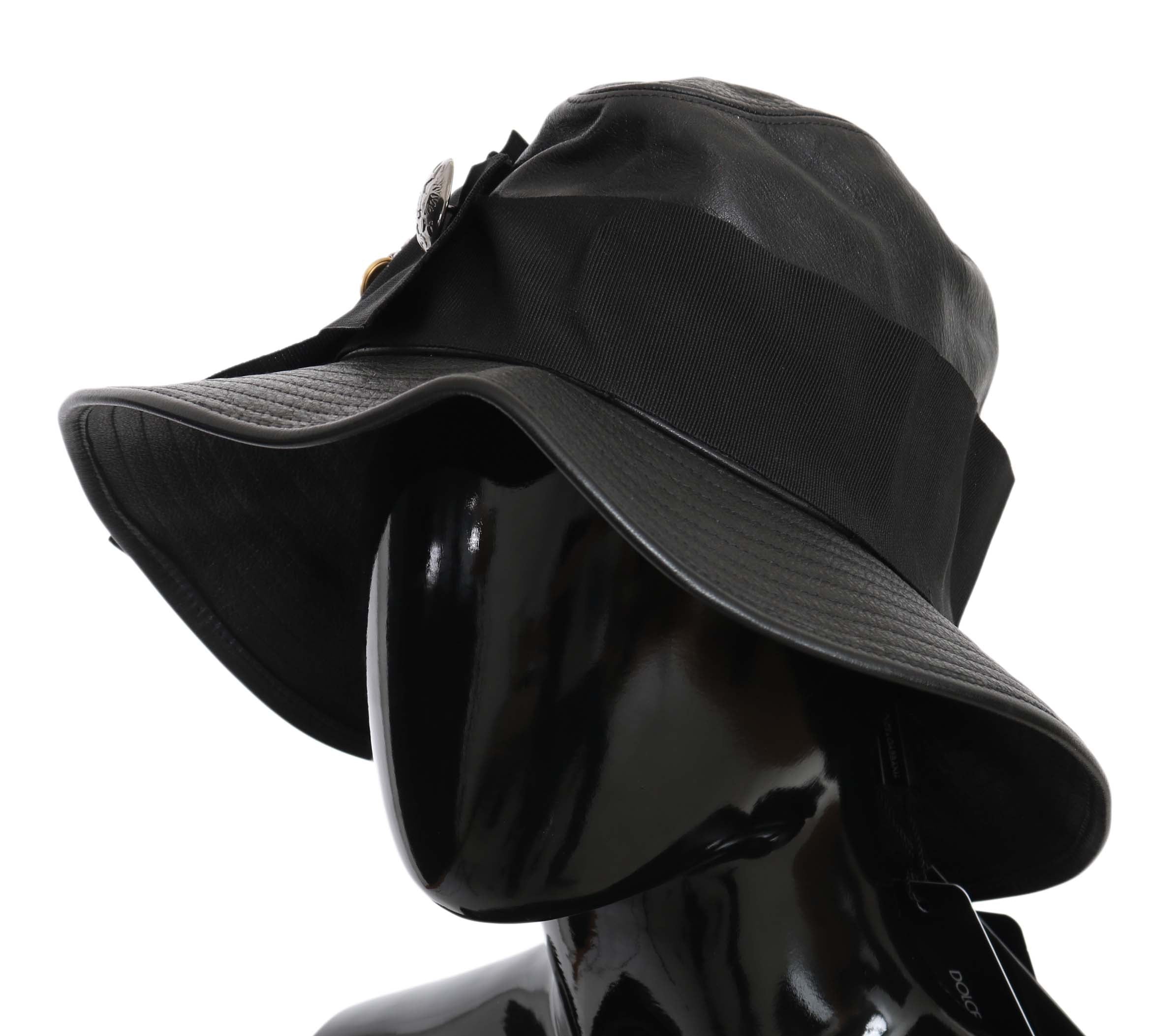 Dolce & Gabbana Black Leather DG Coin Crystal Wide Brim Hat Dolce & Gabbana