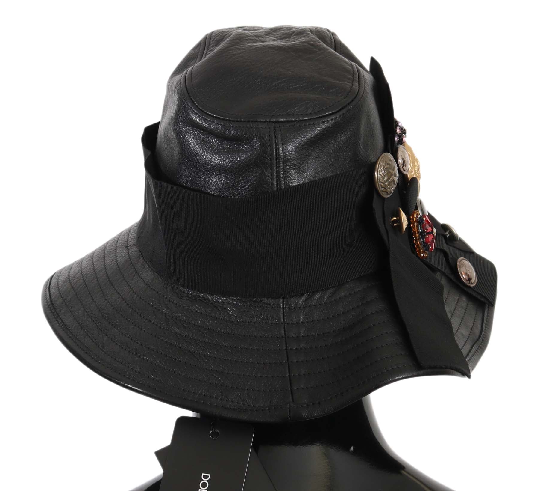 Dolce & Gabbana Black Leather DG Coin Crystal Wide Brim Hat Dolce & Gabbana
