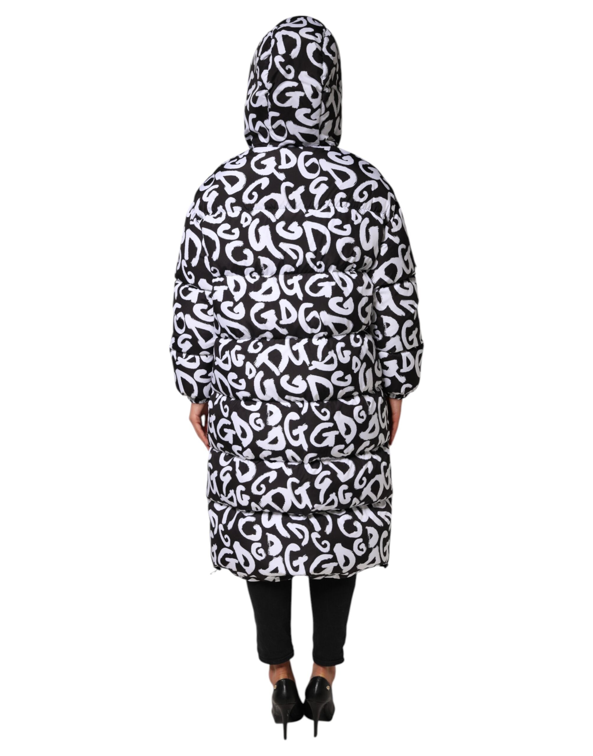 Dolce & Gabbana Black White DG Mania Hooded Long Coat Jacket Dolce & Gabbana