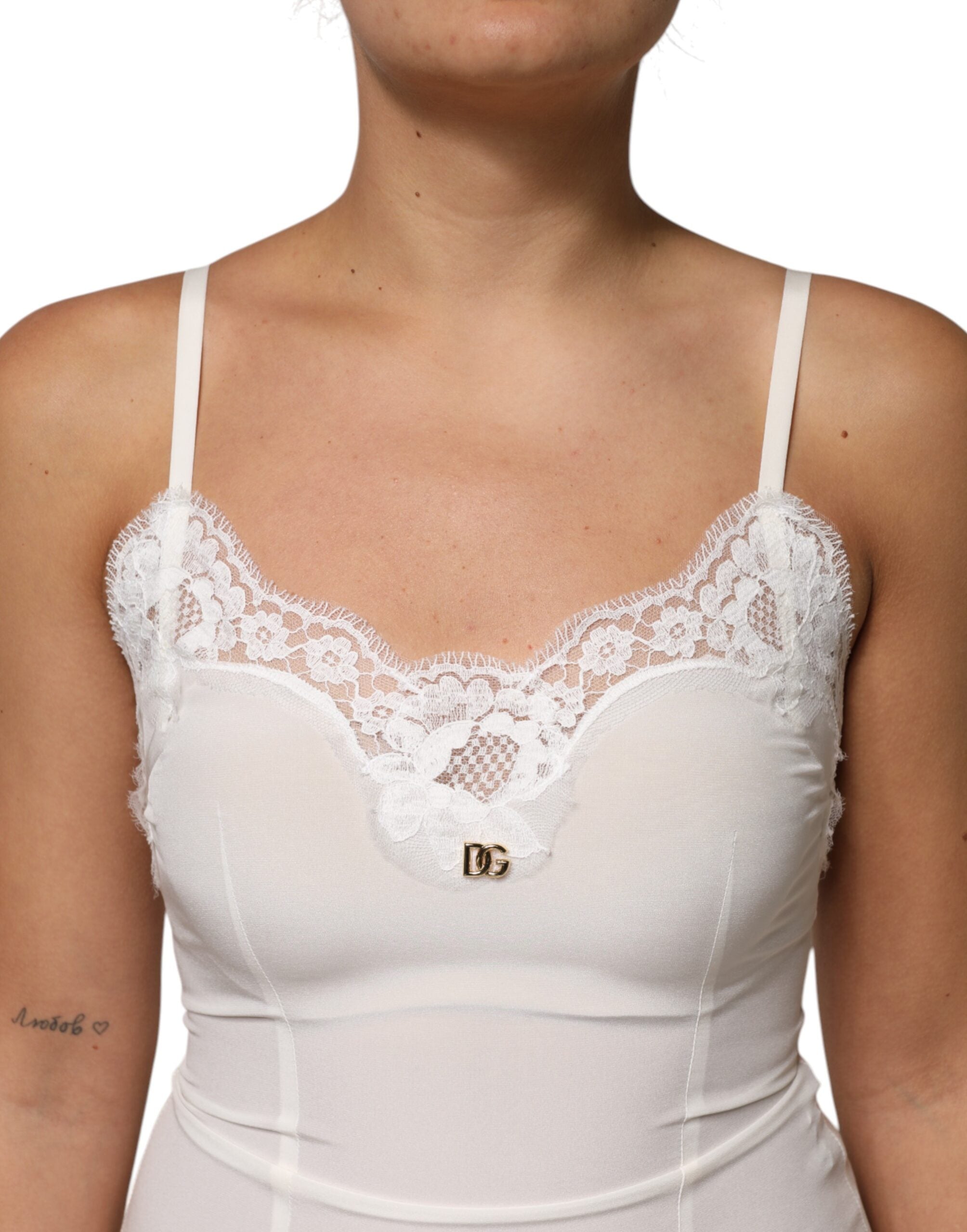 Dolce & Gabbana White Lace Gold DG Logo Silk Dress Sleepwear Dolce & Gabbana