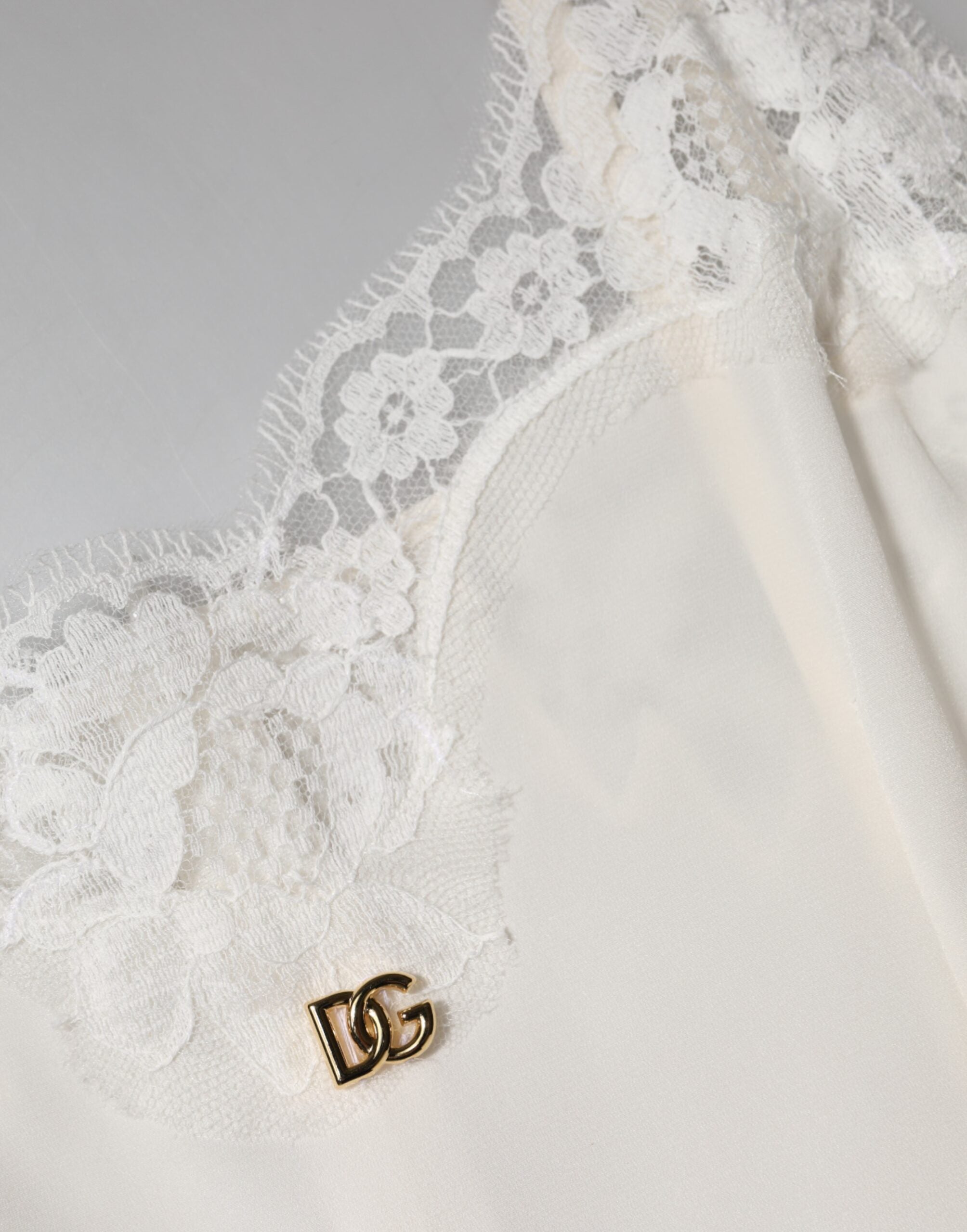 Dolce & Gabbana White Lace Gold DG Logo Silk Dress Sleepwear Dolce & Gabbana