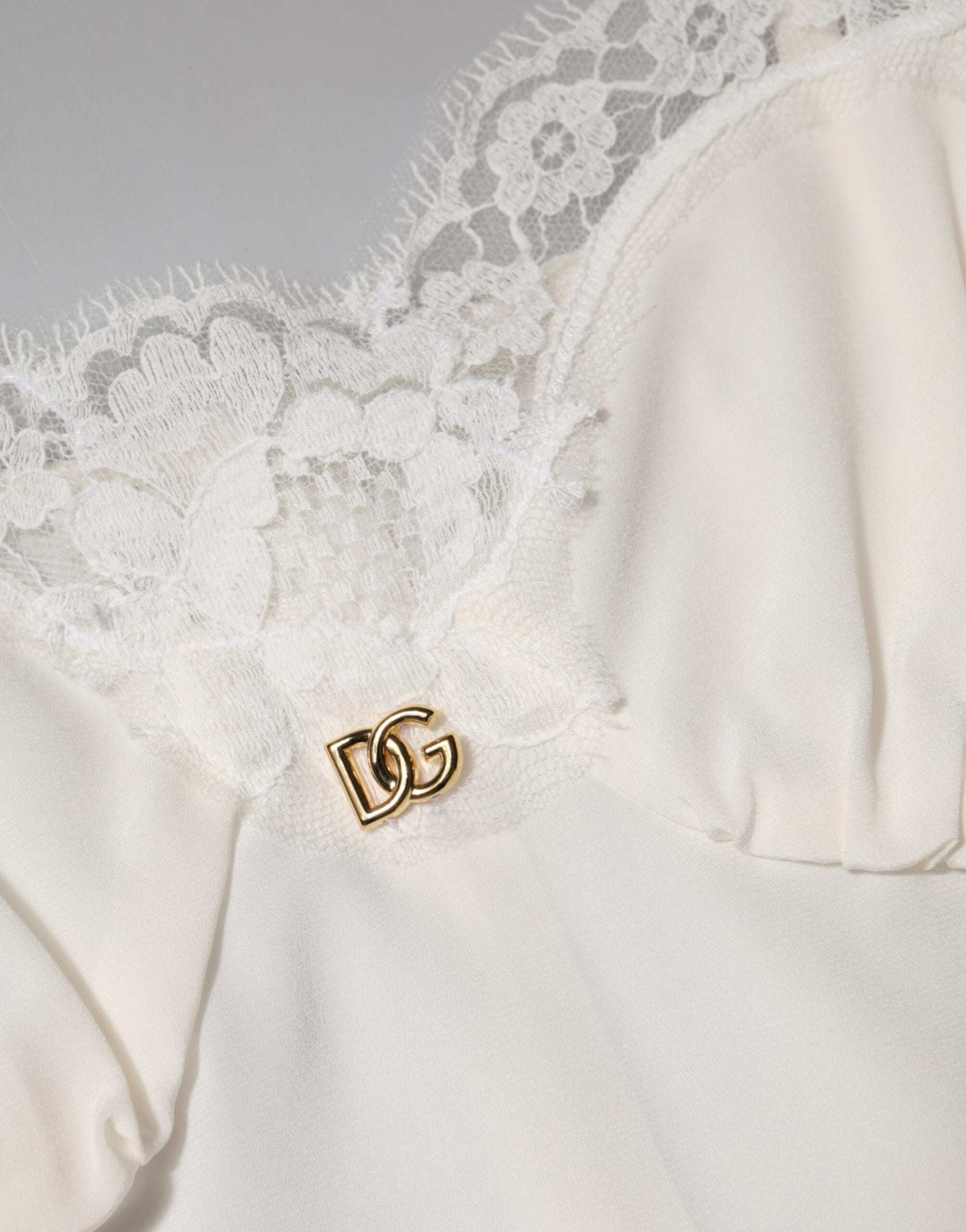 Dolce & Gabbana White Lace Gold DG Logo Silk Dress Sleepwear Dolce & Gabbana