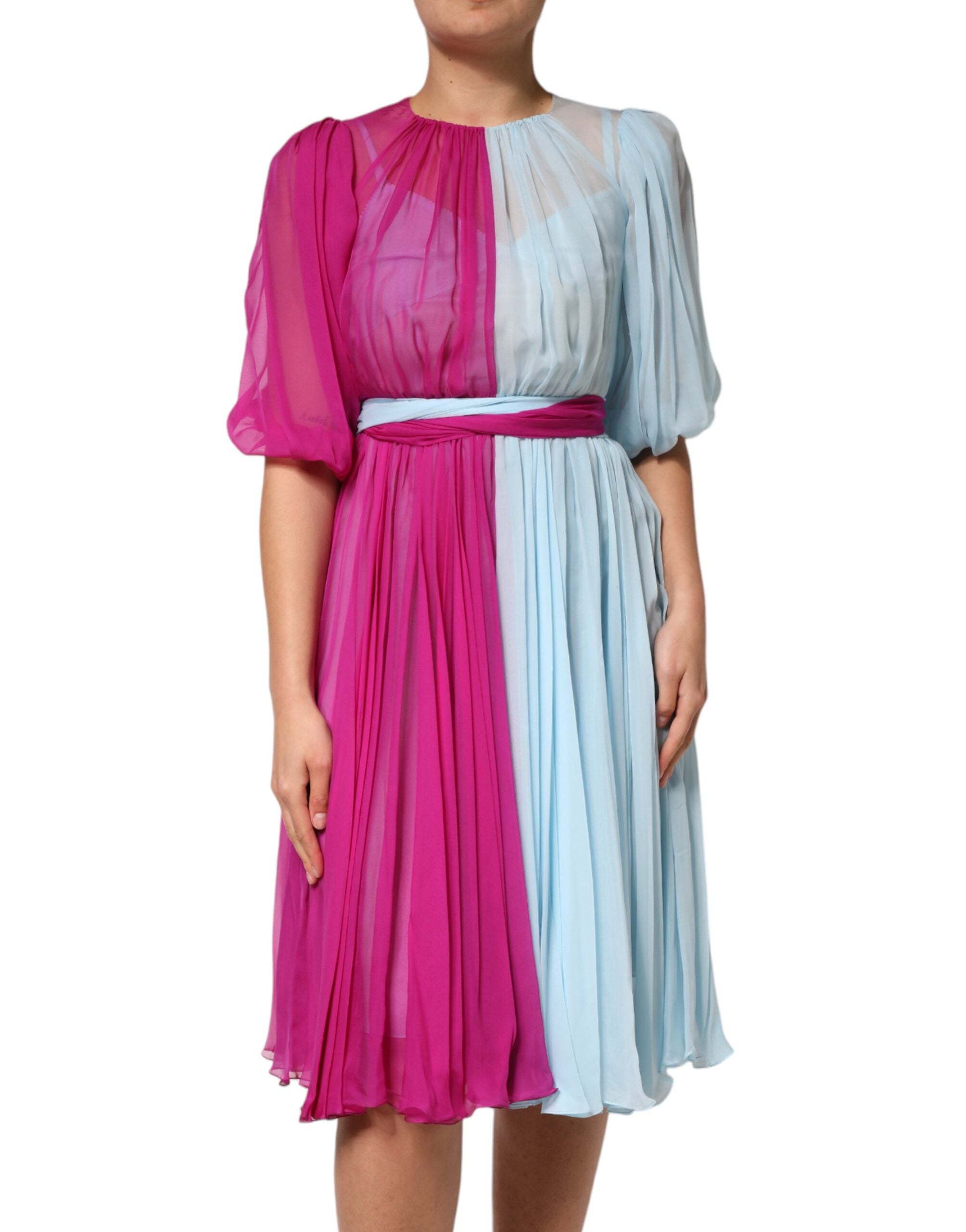 Dolce & Gabbana Fuchsia Light Blue Silk Two Tone Midi Dress Dolce & Gabbana