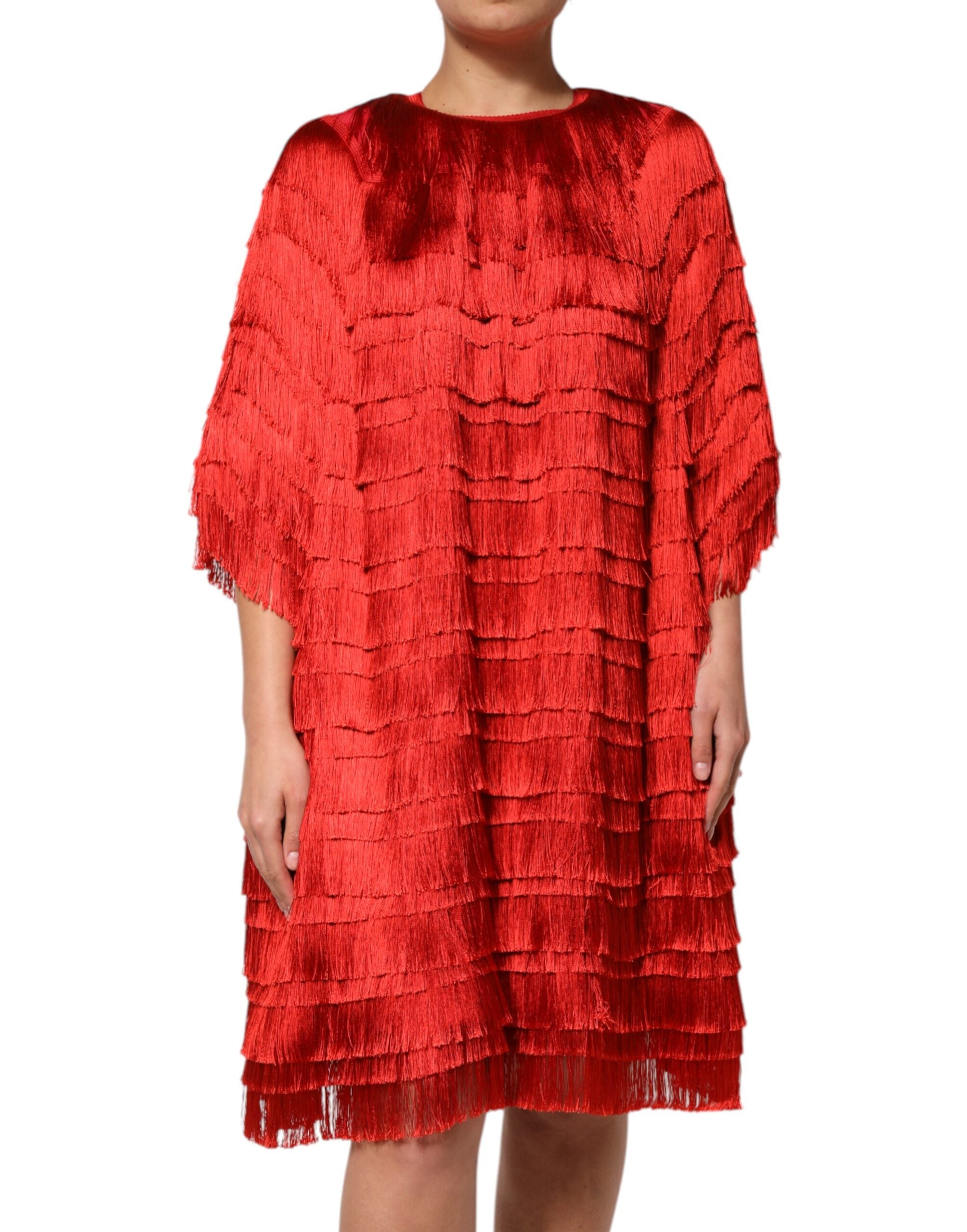 Dolce & Gabbana Red Silk Tiers Fringe Shift Knee Length Dress Dolce & Gabbana