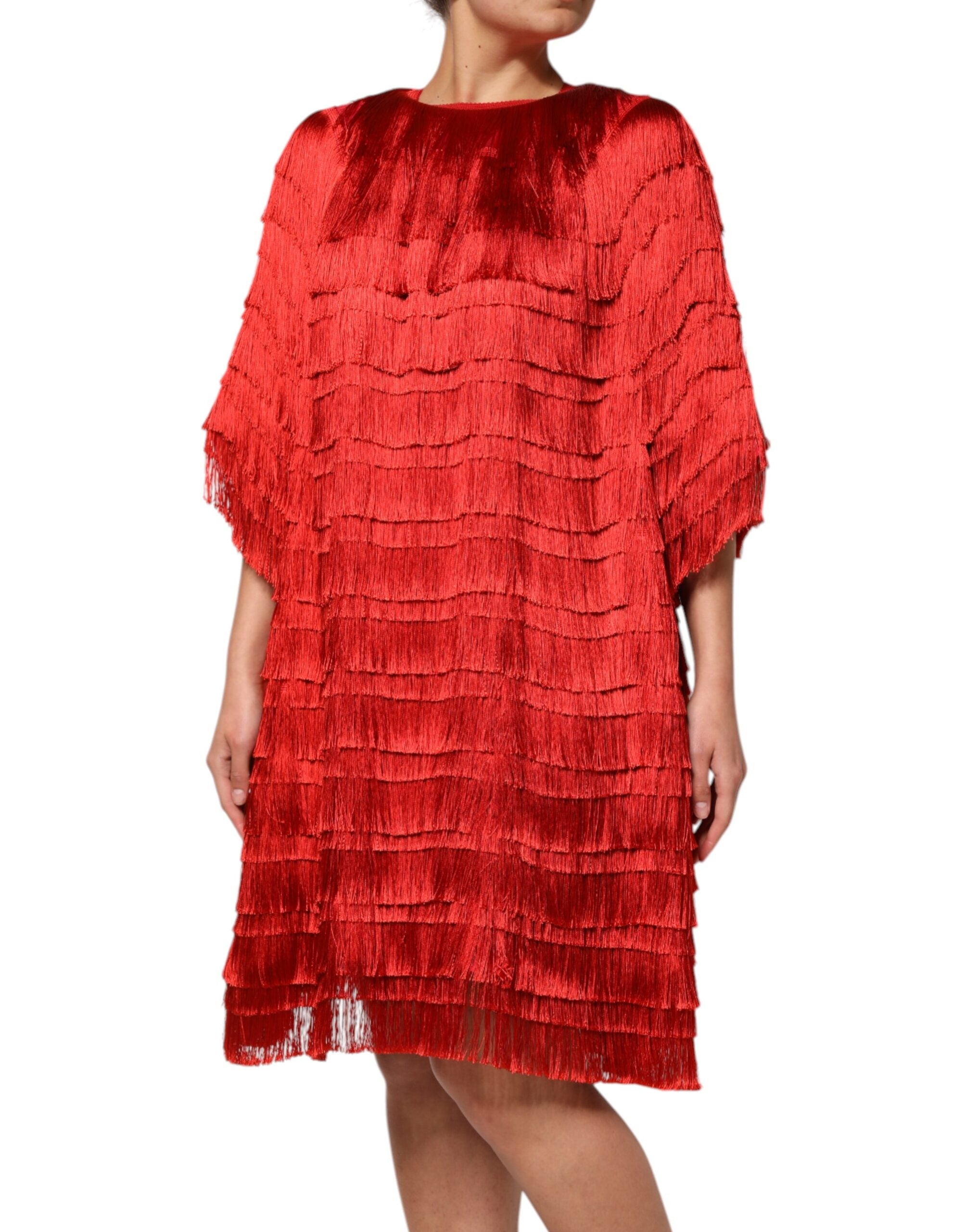 Dolce & Gabbana Red Silk Tiers Fringe Shift Knee Length Dress Dolce & Gabbana