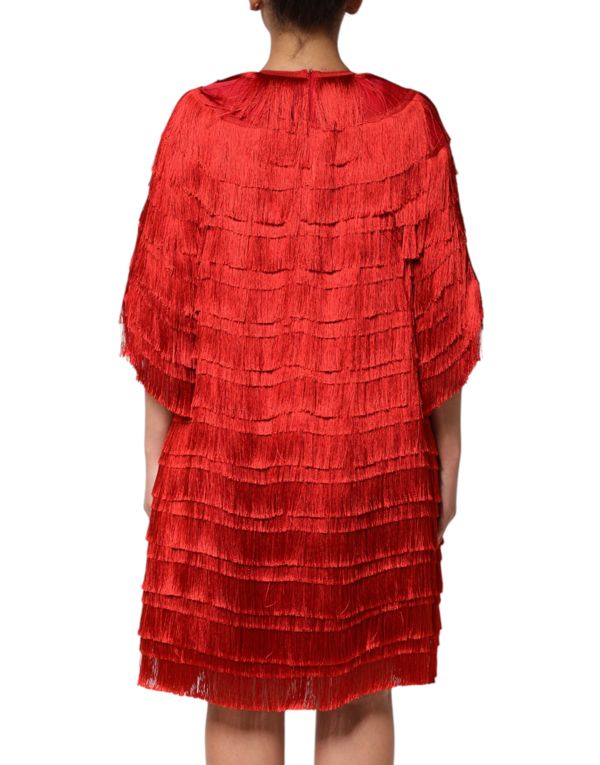 Dolce & Gabbana Red Silk Tiers Fringe Shift Knee Length Dress Dolce & Gabbana