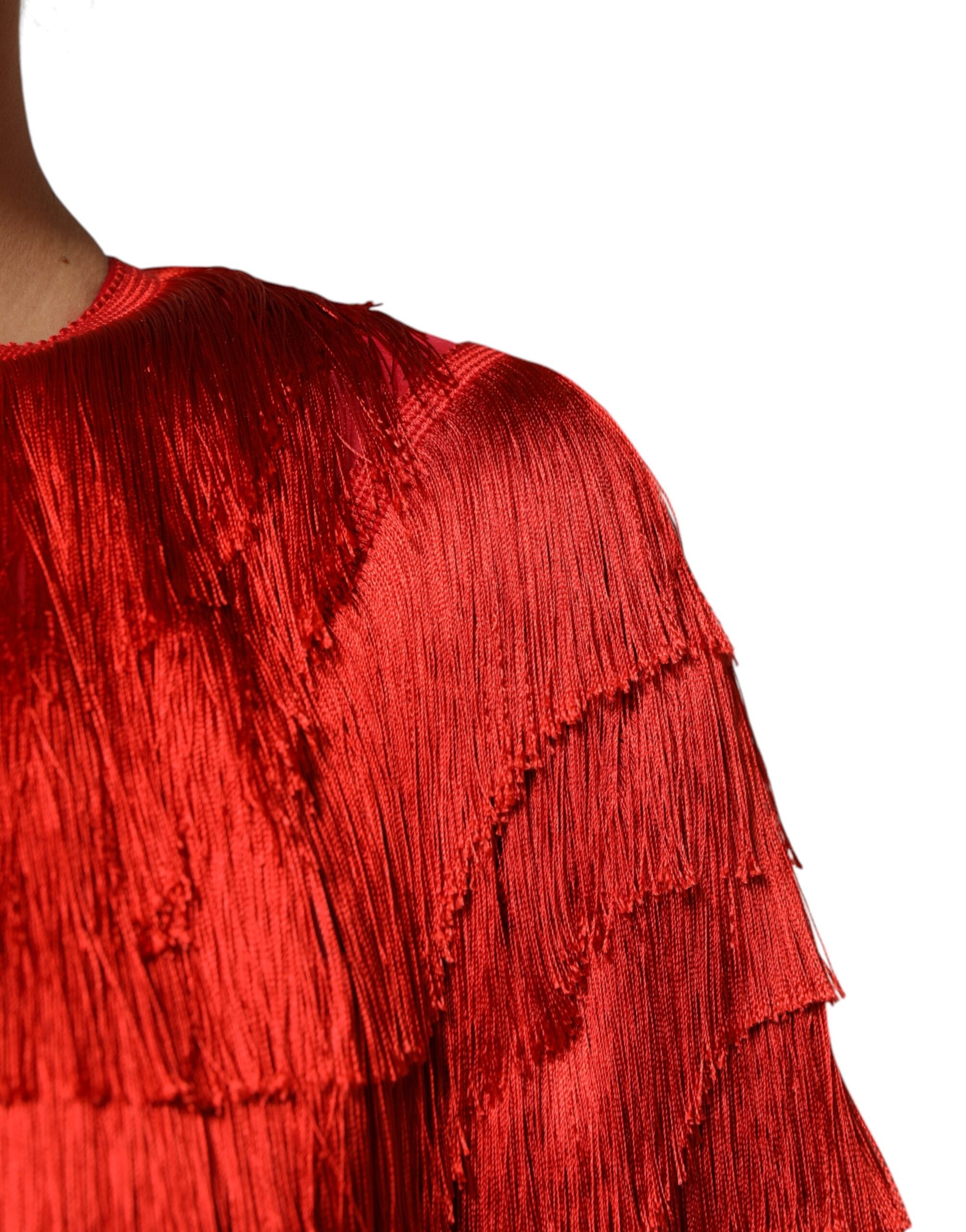 Dolce & Gabbana Red Silk Tiers Fringe Shift Knee Length Dress Dolce & Gabbana
