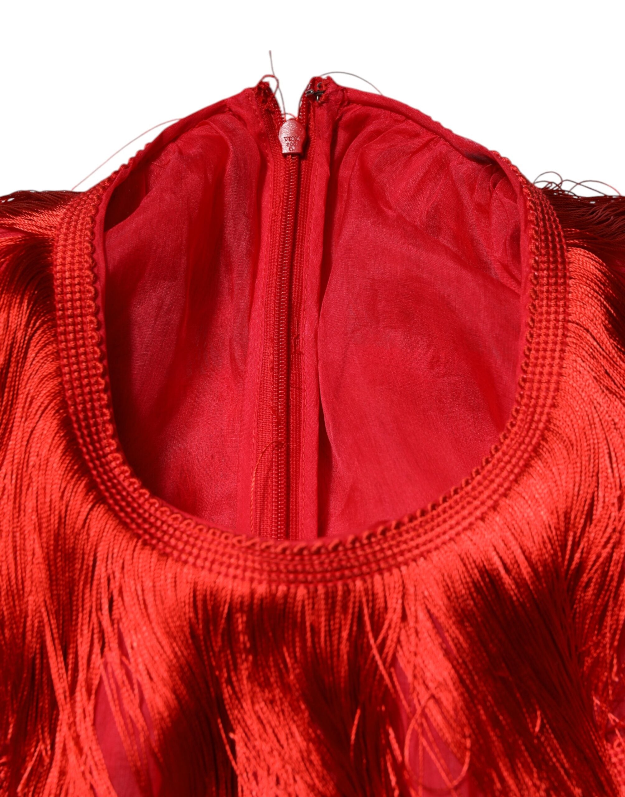 Dolce & Gabbana Red Silk Tiers Fringe Shift Knee Length Dress Dolce & Gabbana