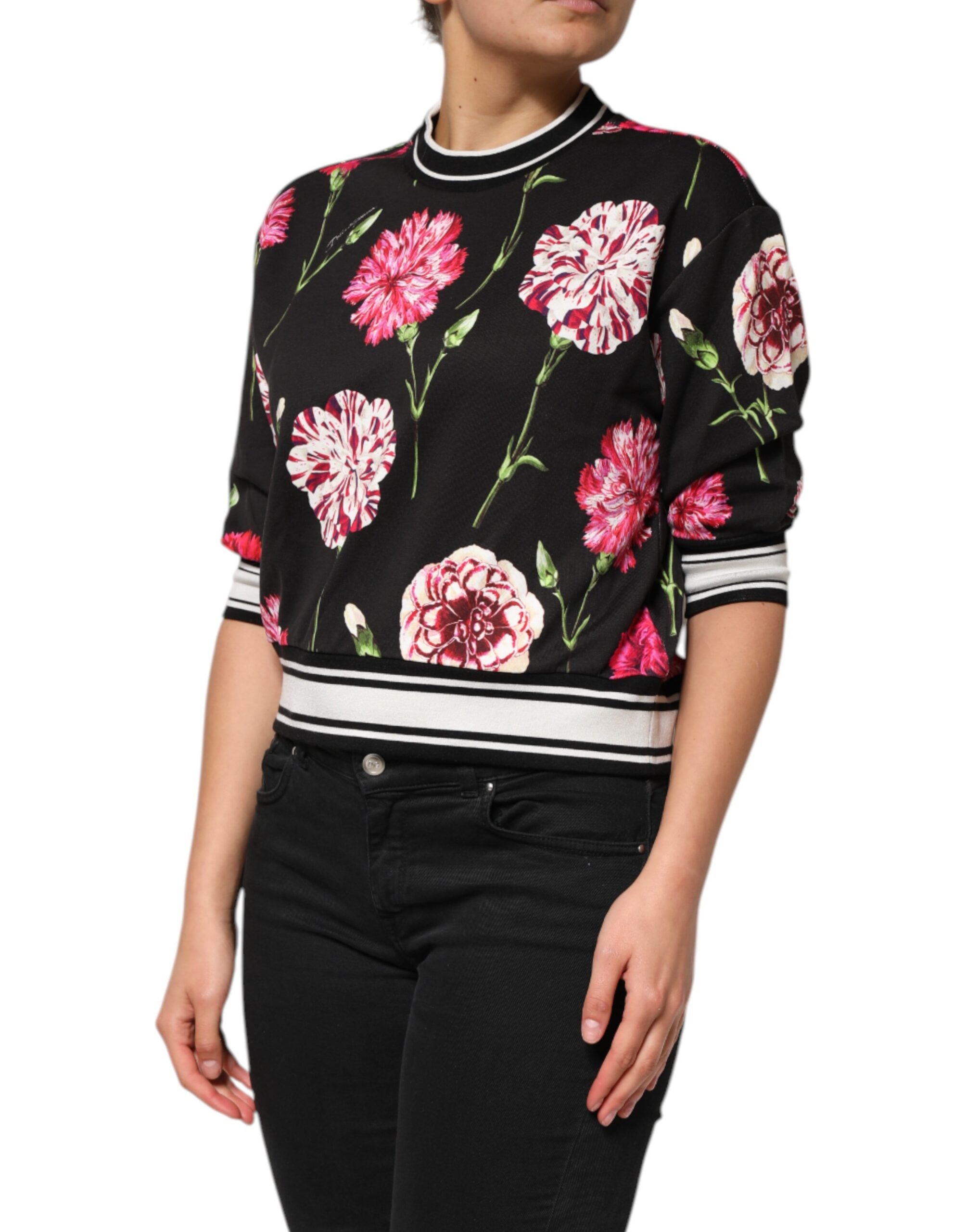 Dolce & Gabbana Black Floral Print Cotton Short Sleeves Top Dolce & Gabbana